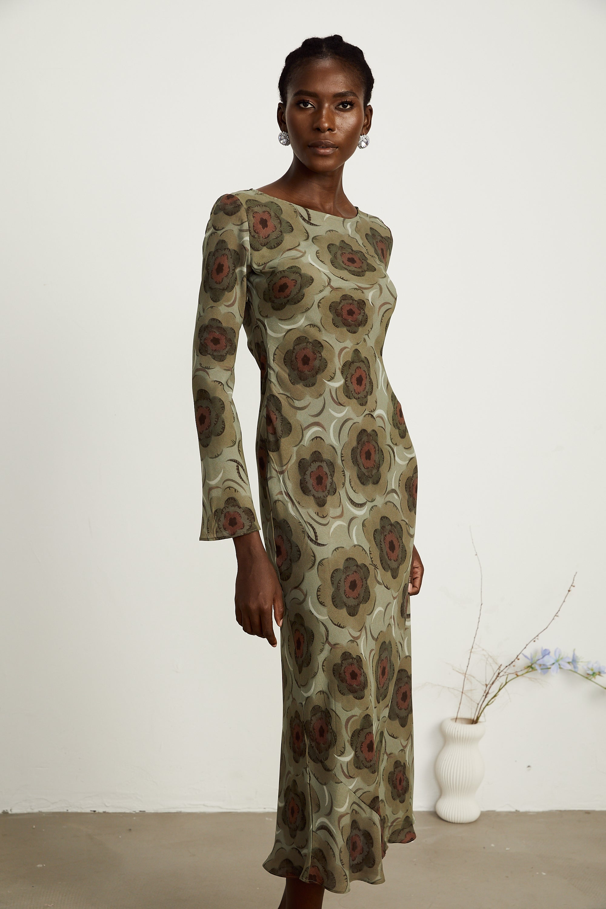 Hippolyte green-tone flower-motif midi dress