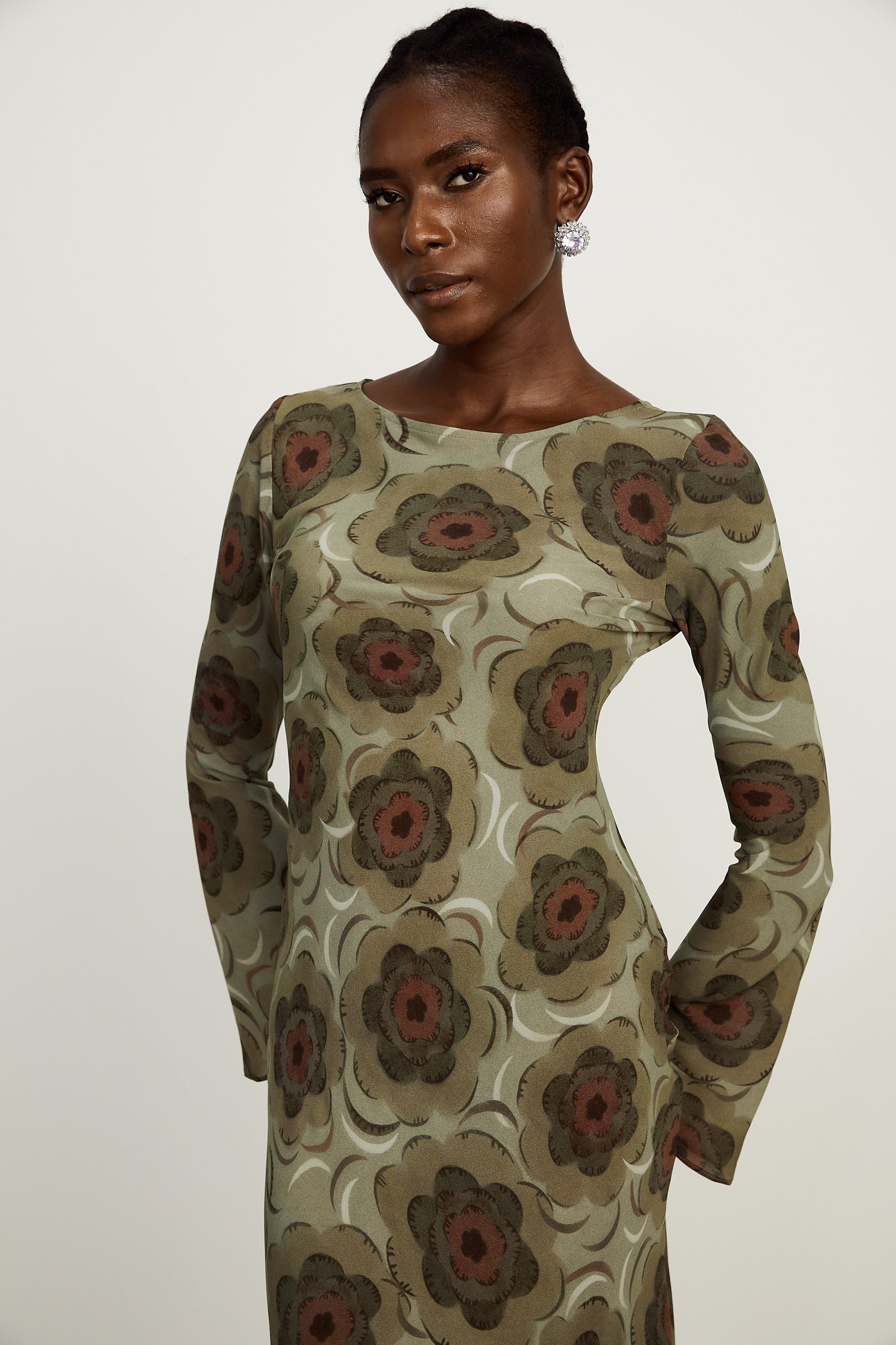 Hippolyte green-tone flower-motif midi dress