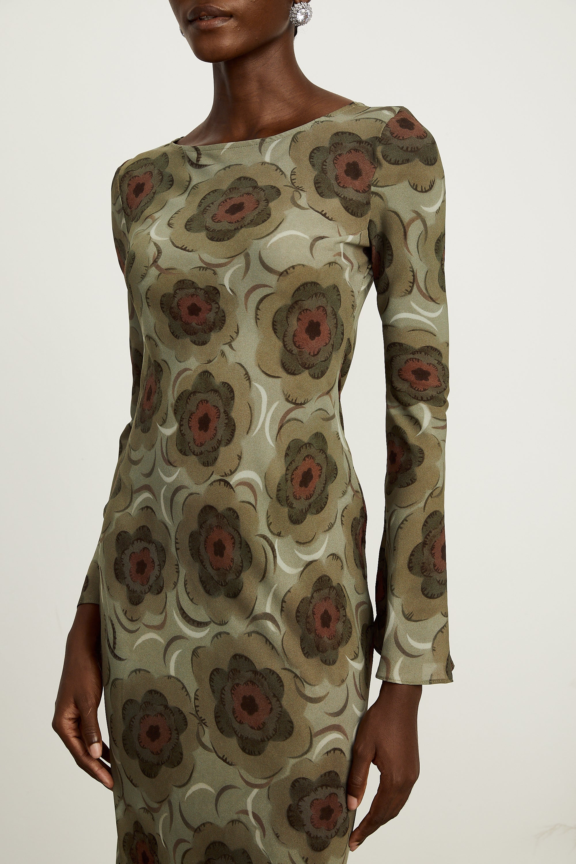 Hippolyte green-tone flower-motif midi dress