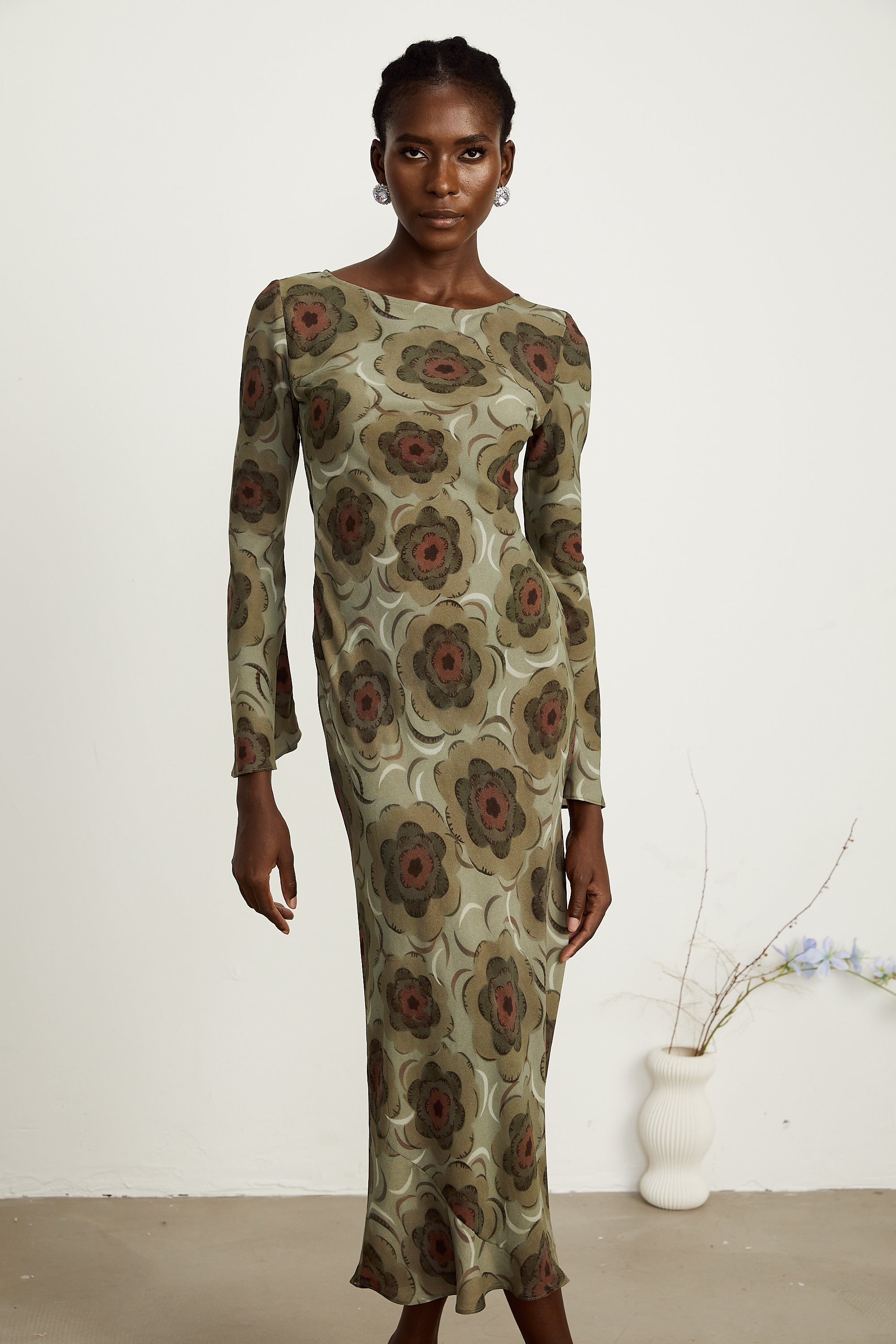 Hippolyte green-tone flower-motif midi dress