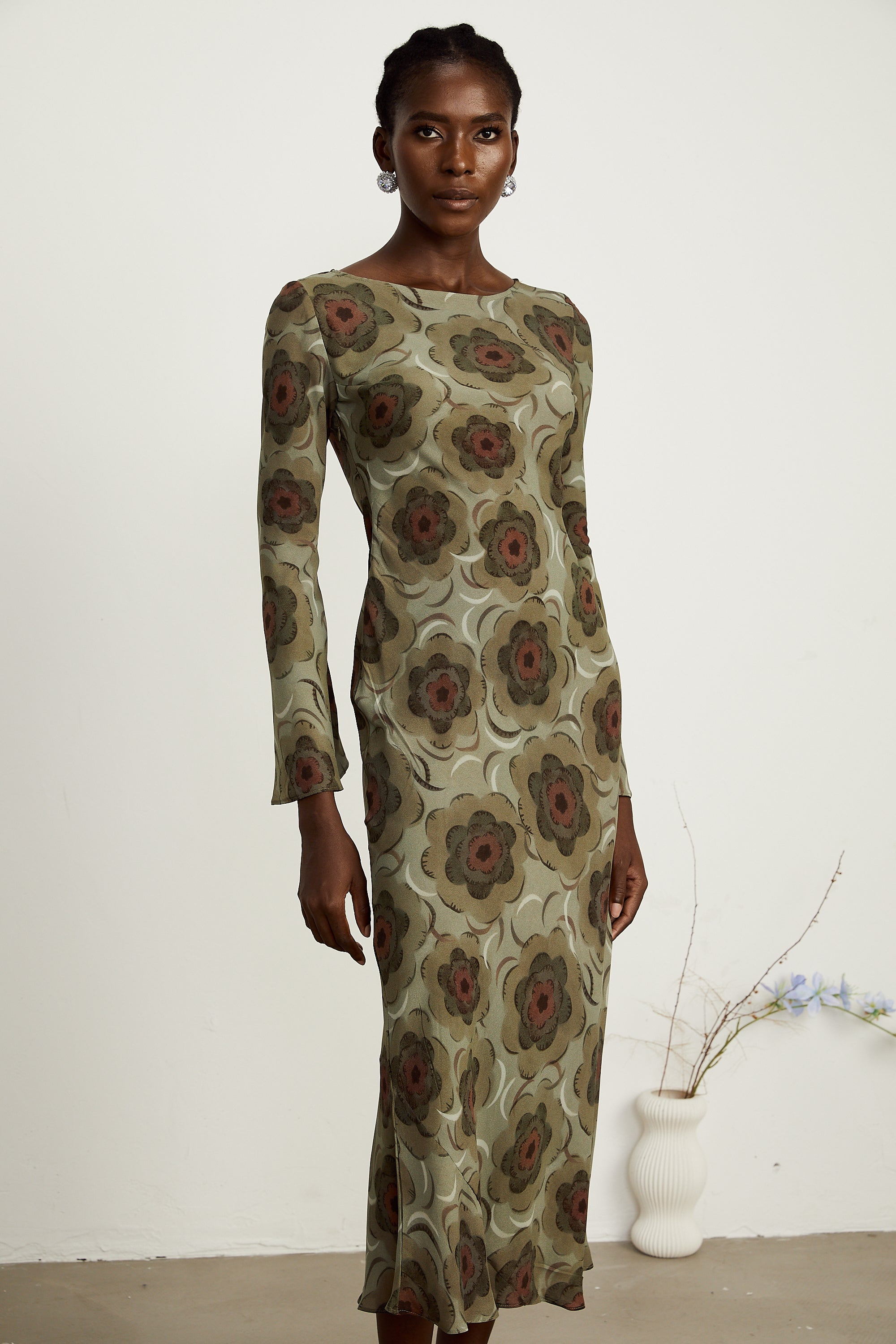 Hippolyte green-tone flower-motif midi dress