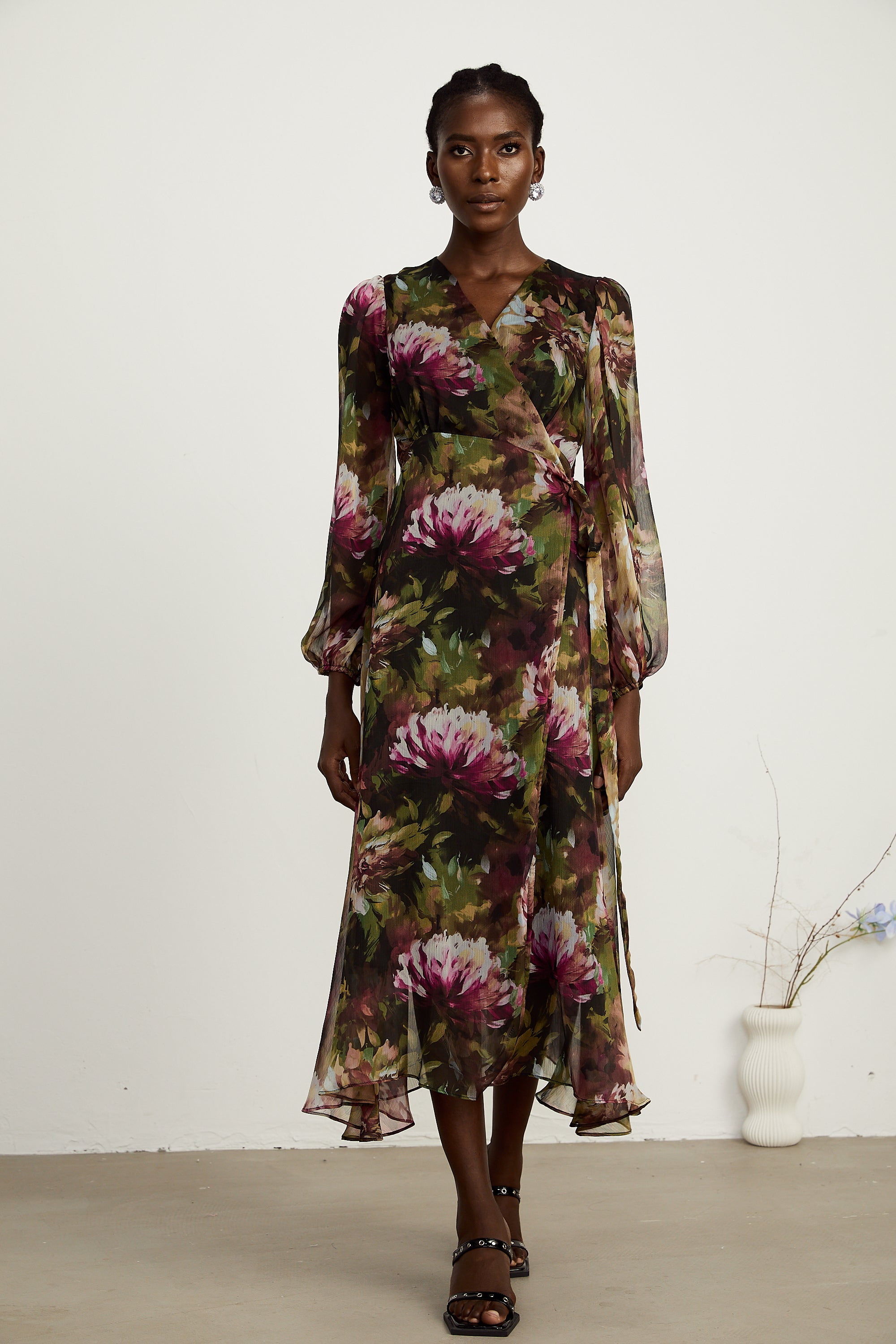 Sylvia green-tone floral ruffled midi dress