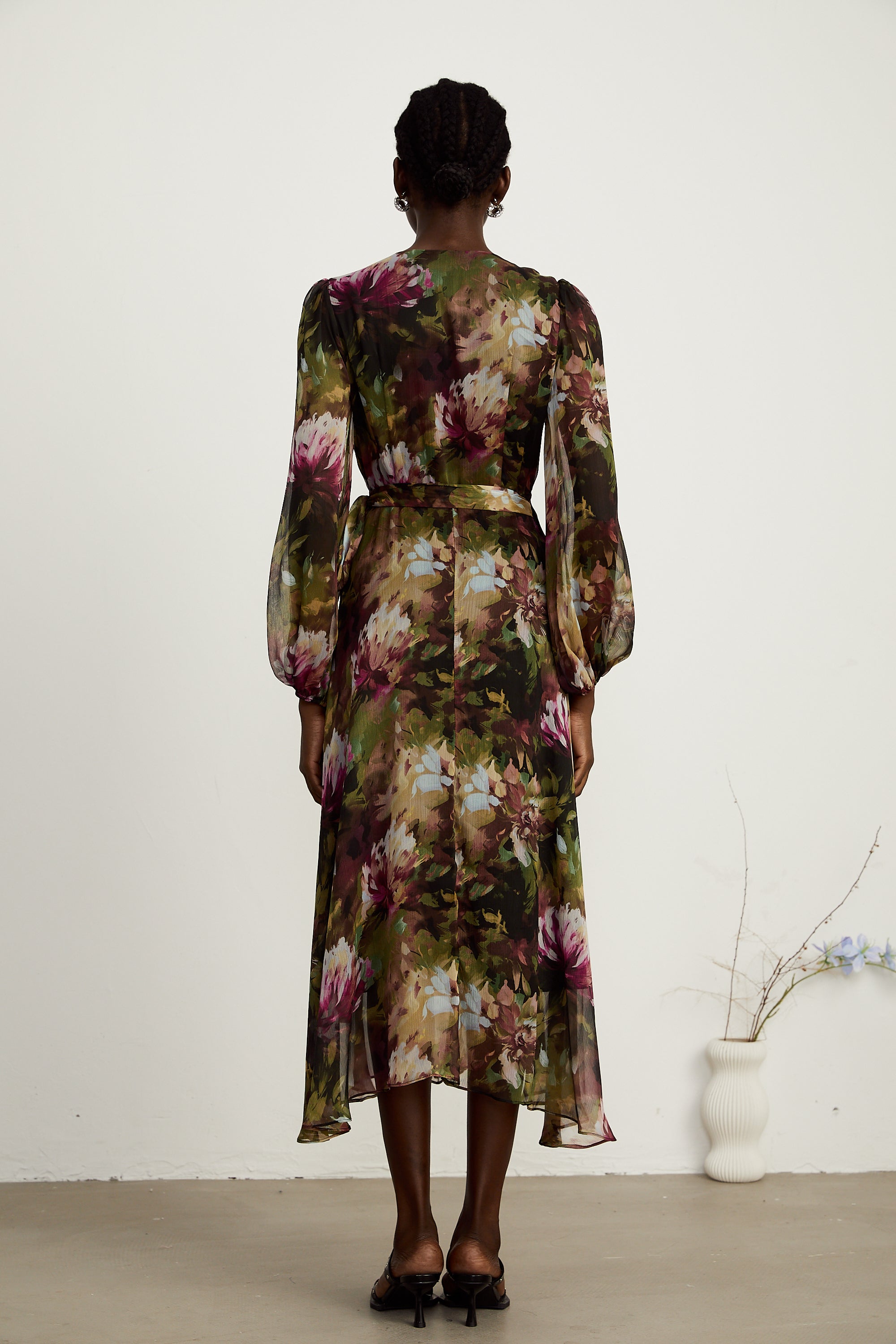 Sylvia green-tone floral ruffled midi dress