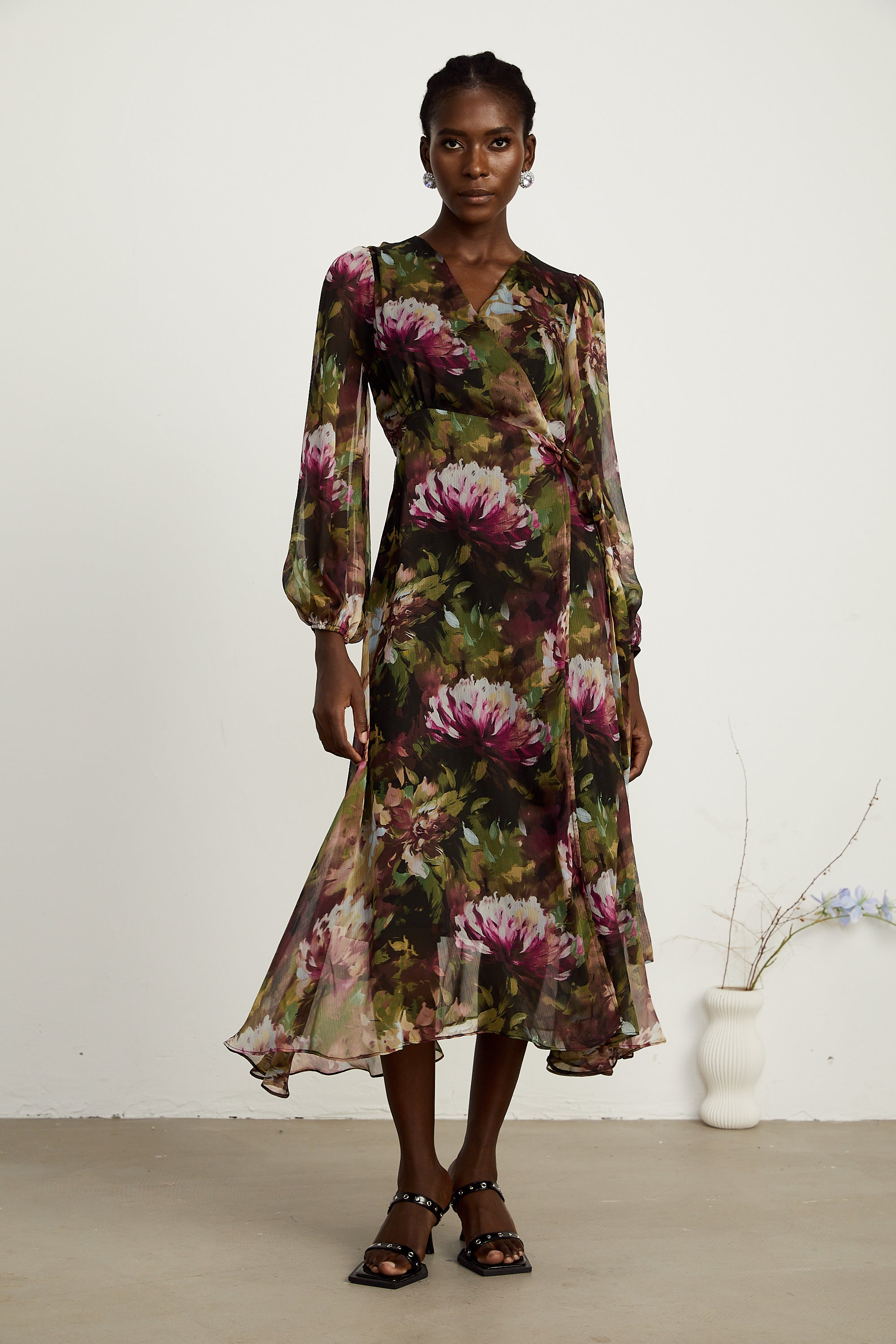 Sylvia green-tone floral ruffled midi dress