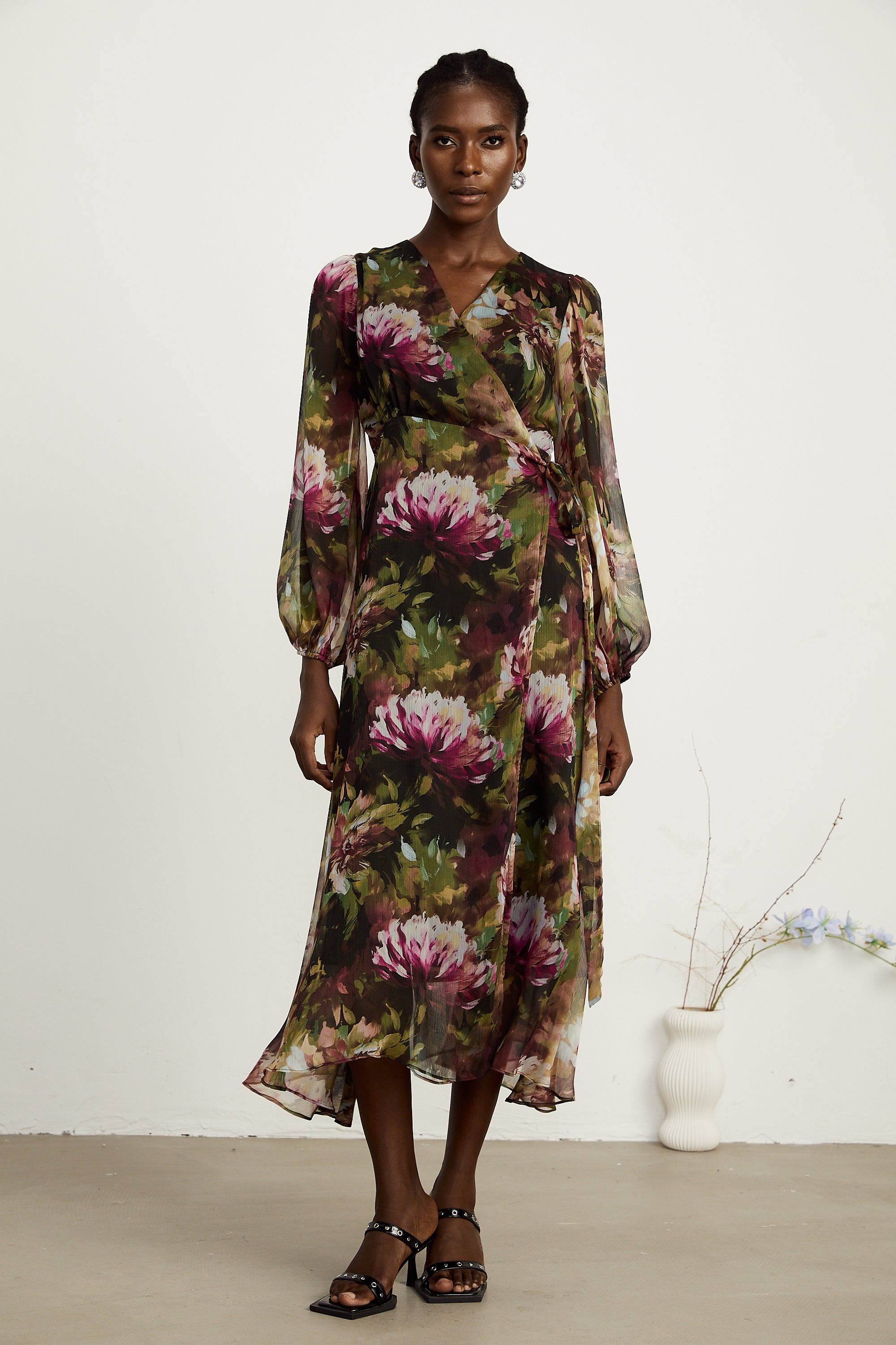 Sylvia green-tone floral ruffled midi dress