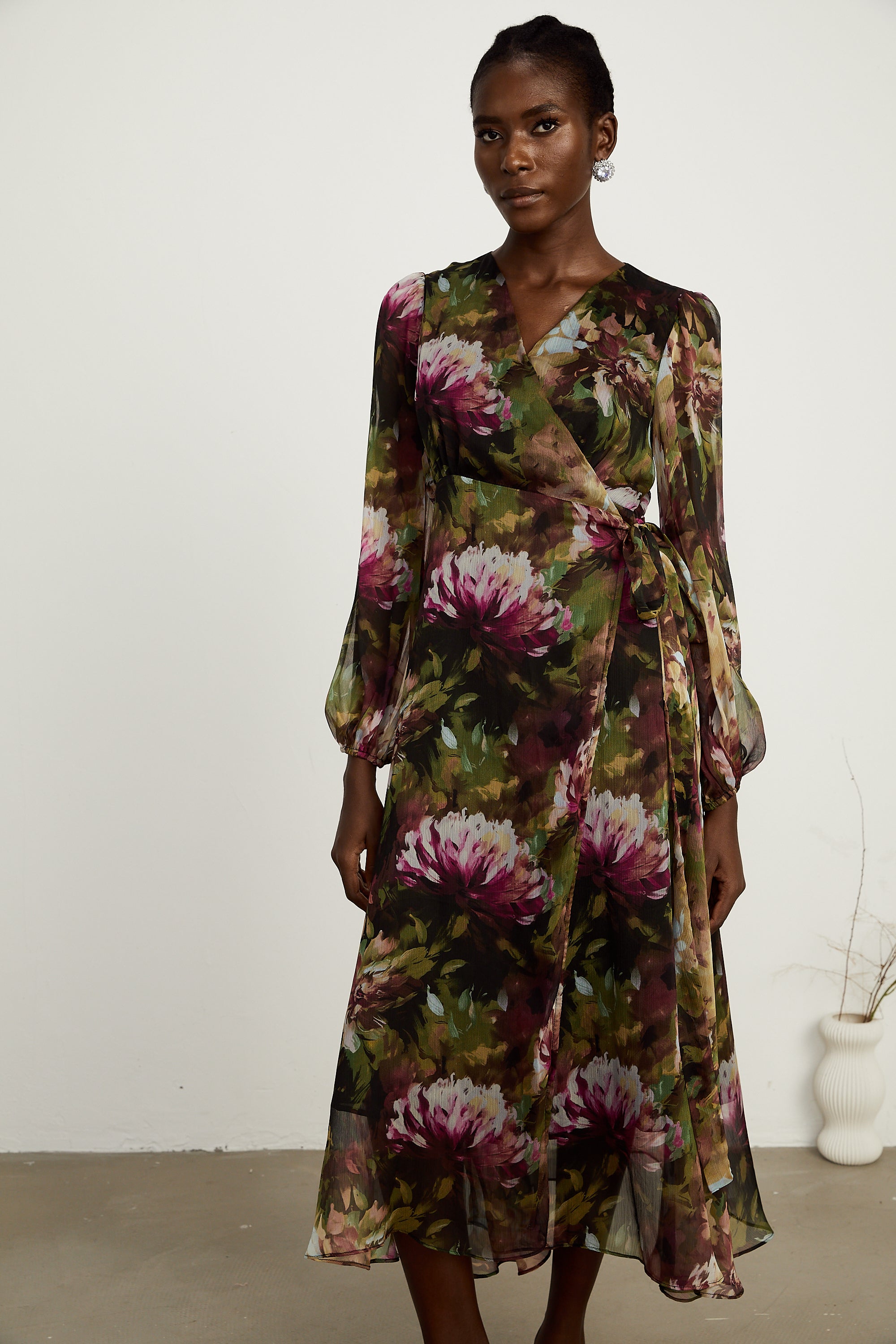 Sylvia green-tone floral ruffled midi dress