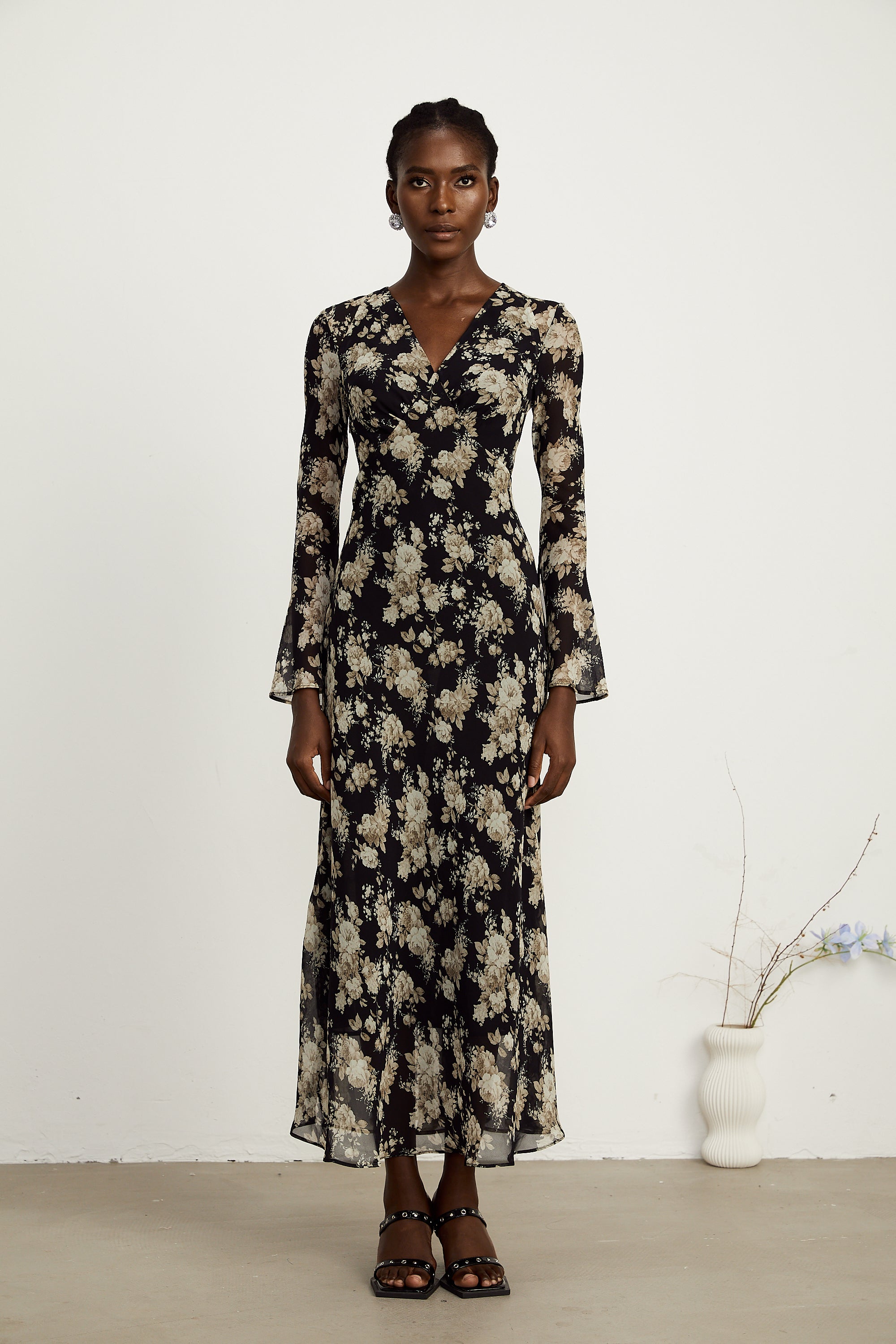 Hannah black floral-print flared midi dress