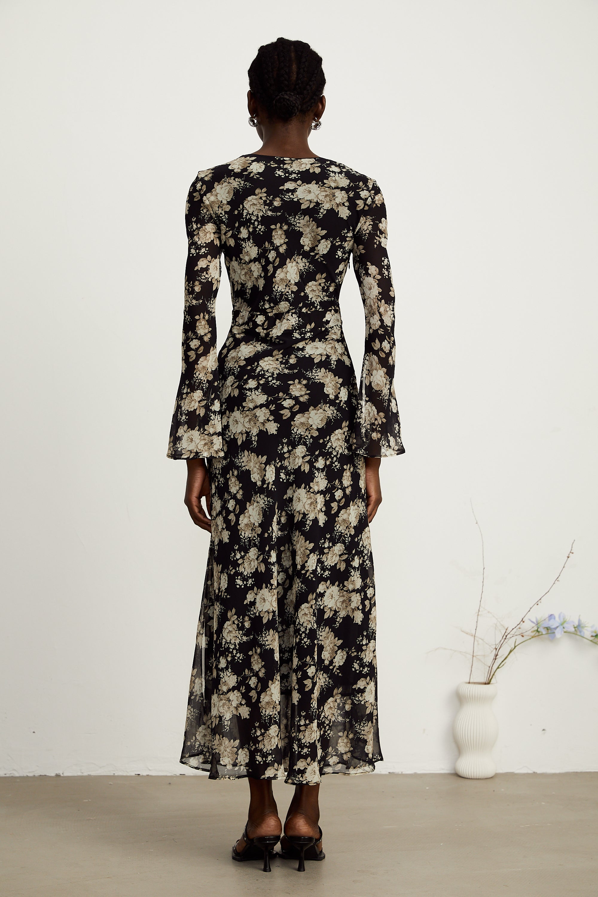 Hannah black floral-print flared midi dress