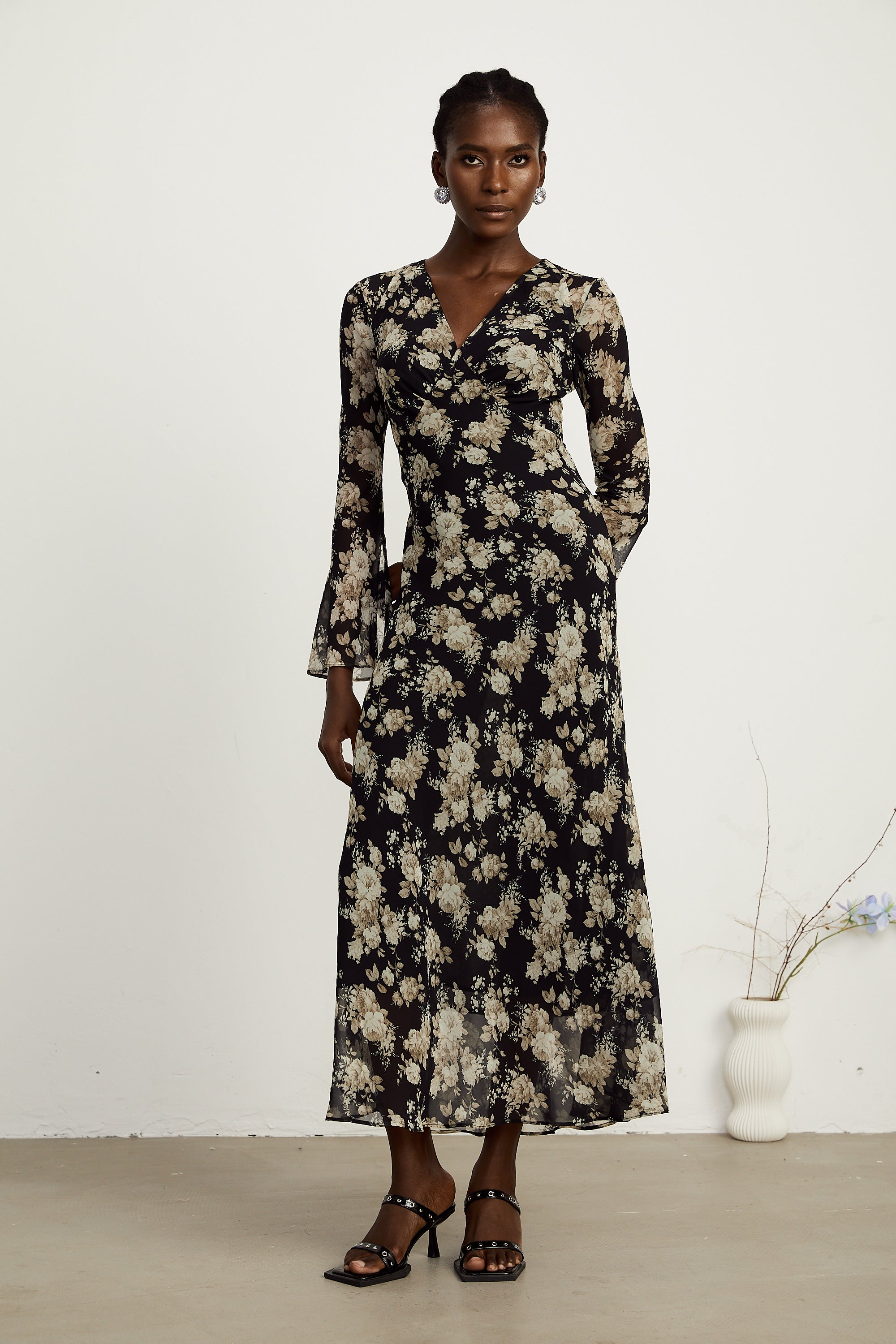 Hannah black floral-print flared midi dress