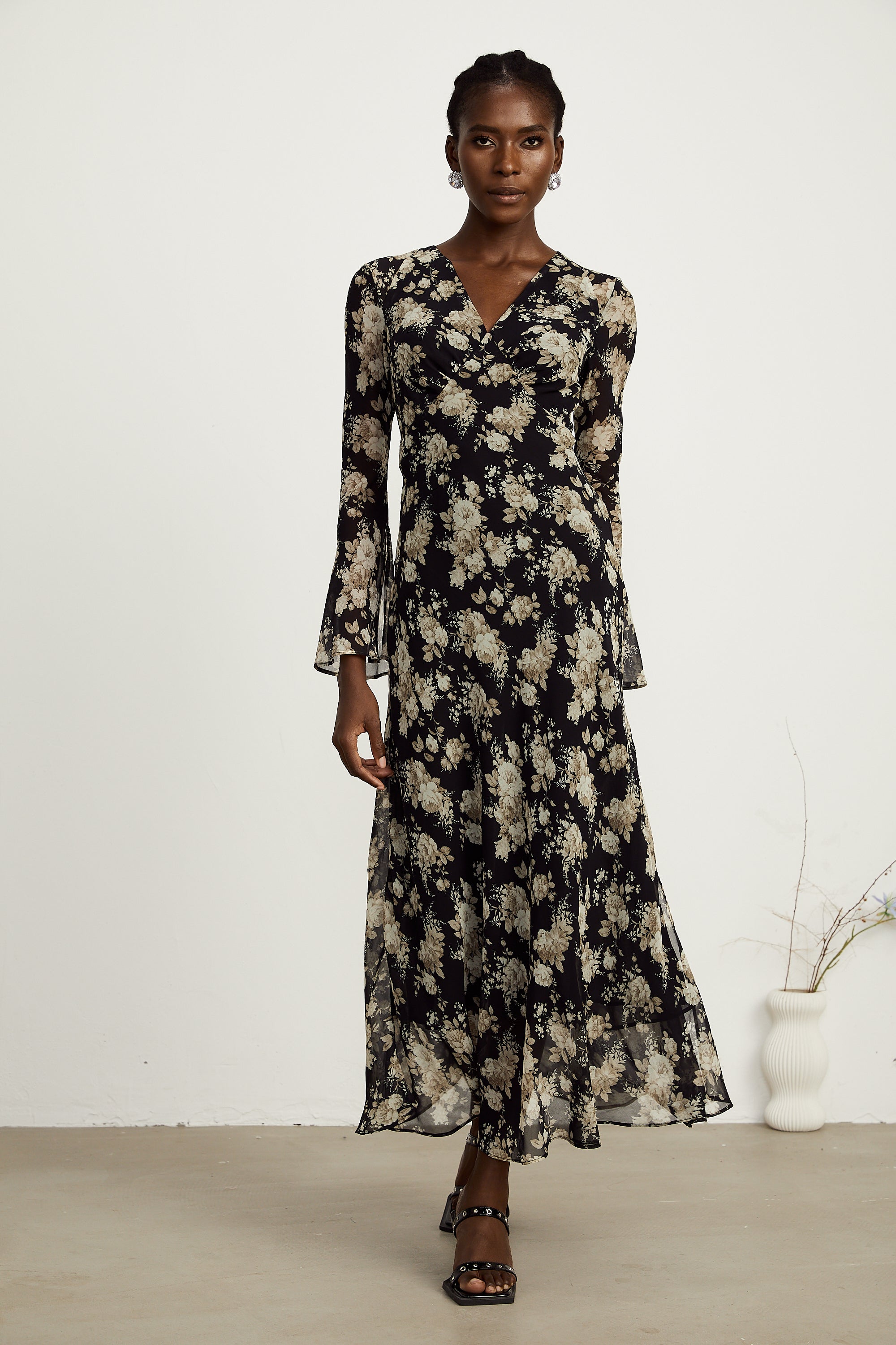 Hannah black floral-print flared midi dress