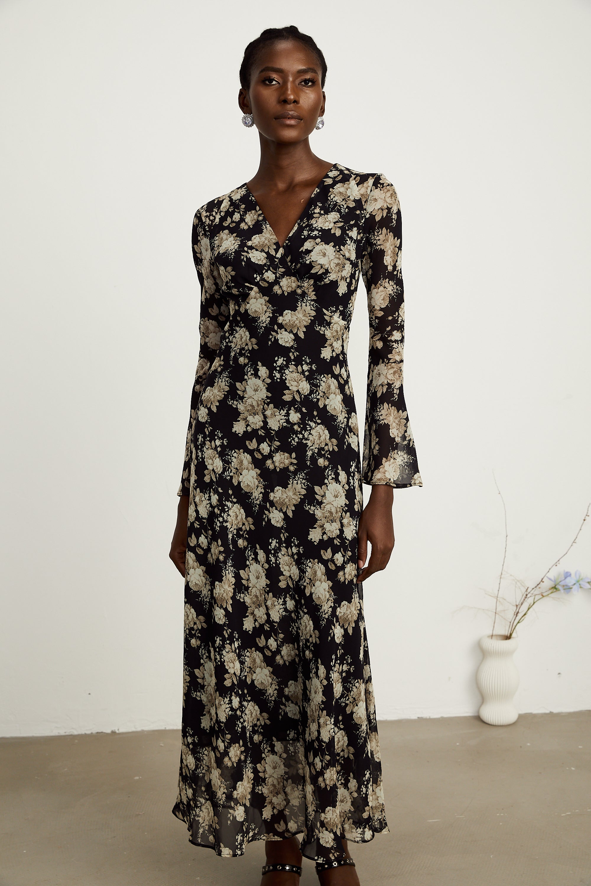 Hannah black floral-print flared midi dress