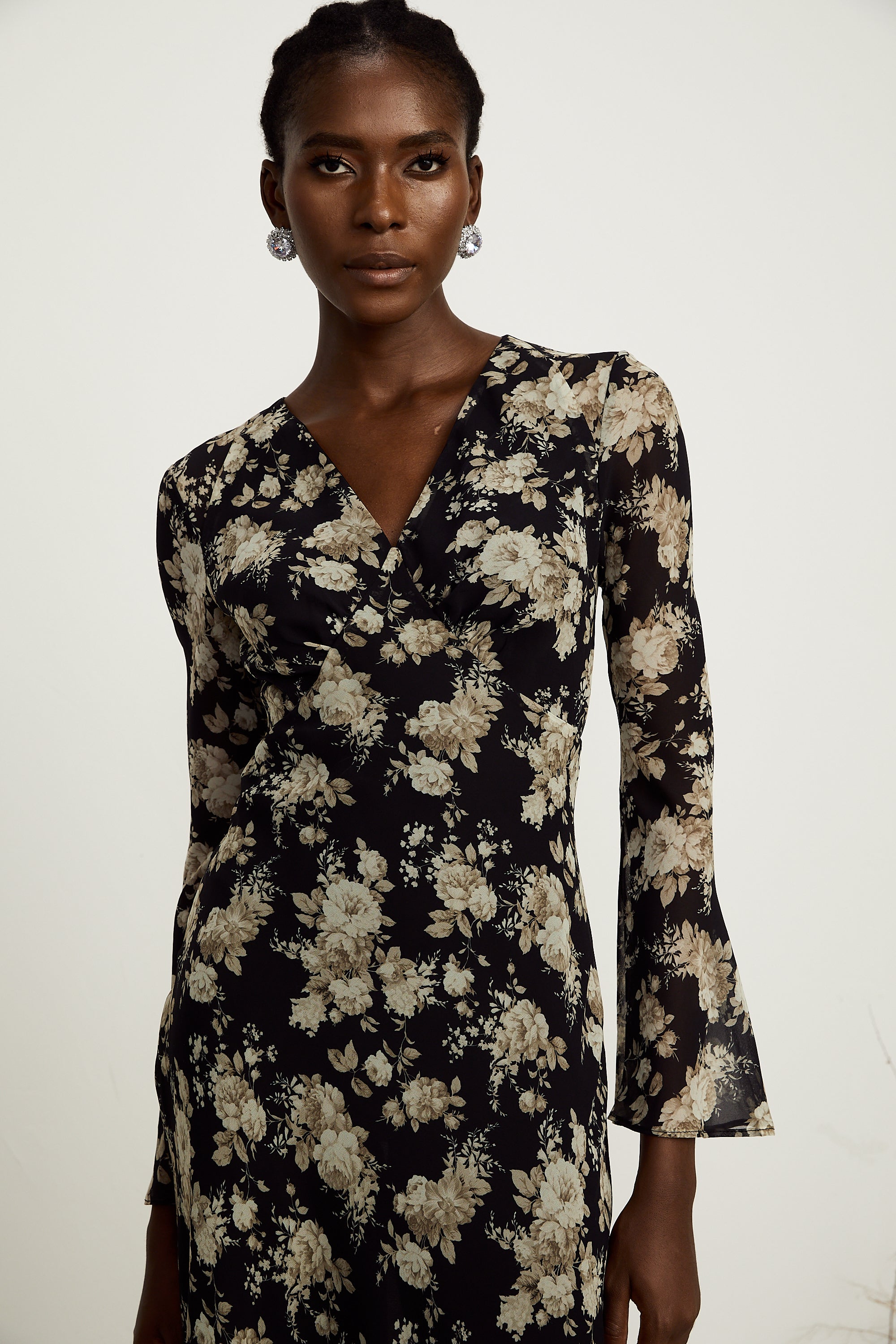 Hannah black floral-print flared midi dress