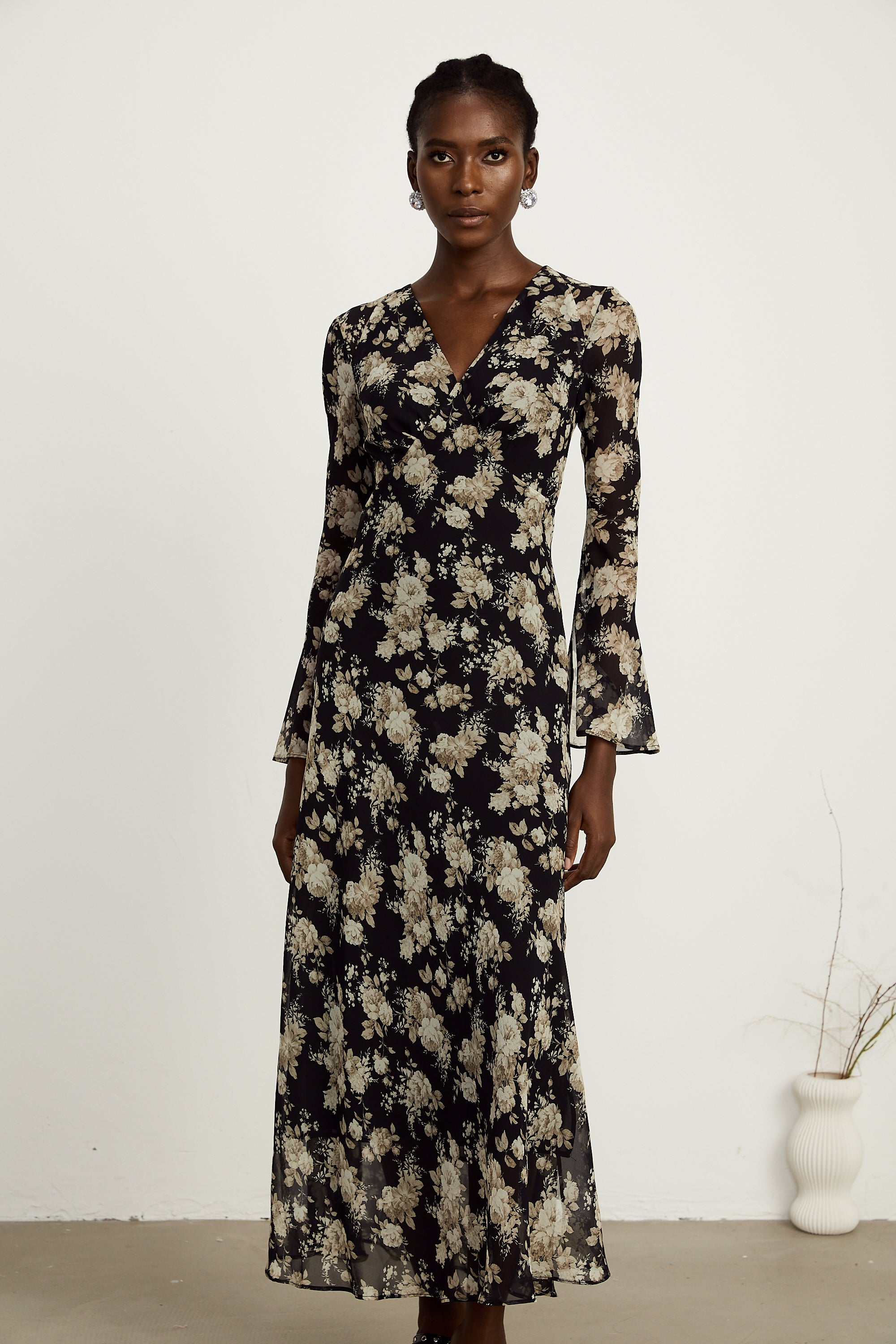 Hannah black floral-print flared midi dress