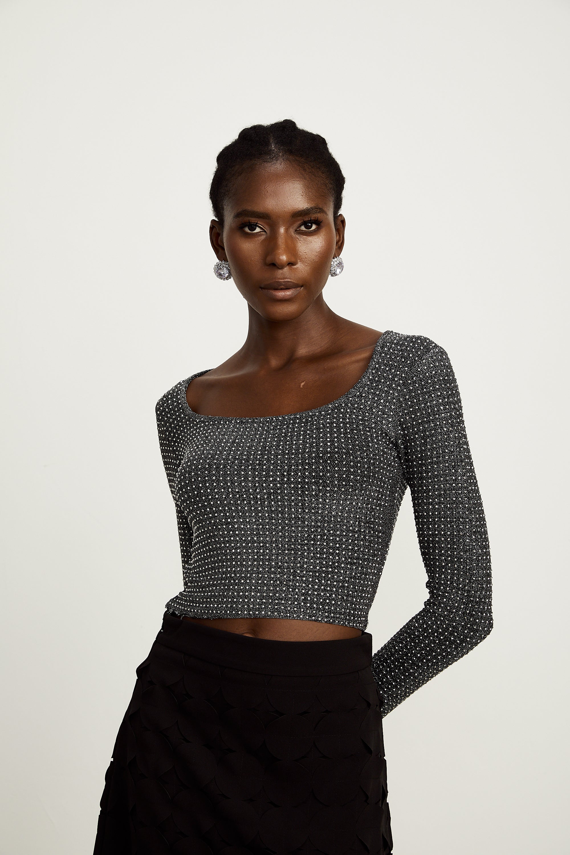 Joséphine grey beaded long-sleeve shirt