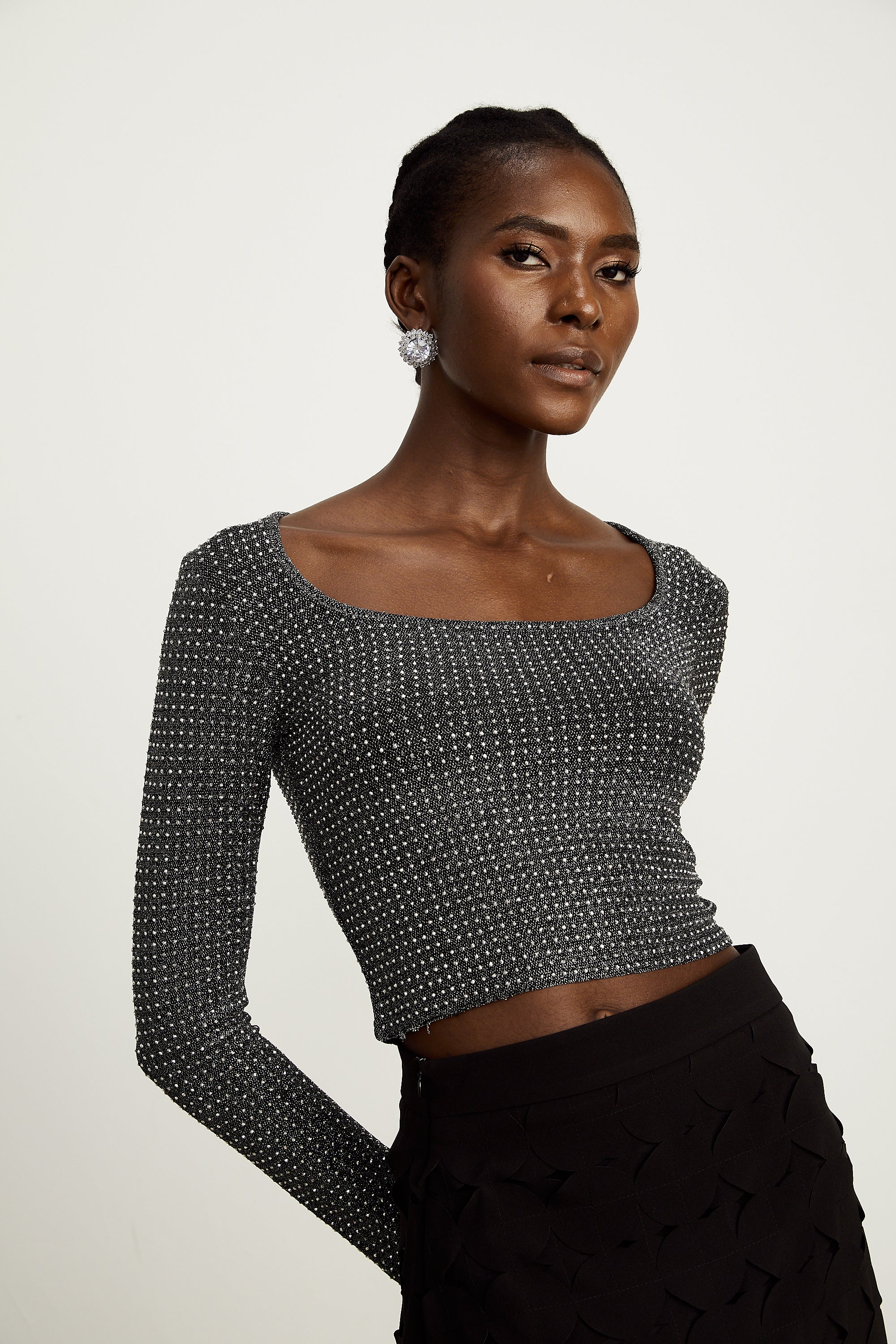 Joséphine grey beaded long-sleeve shirt