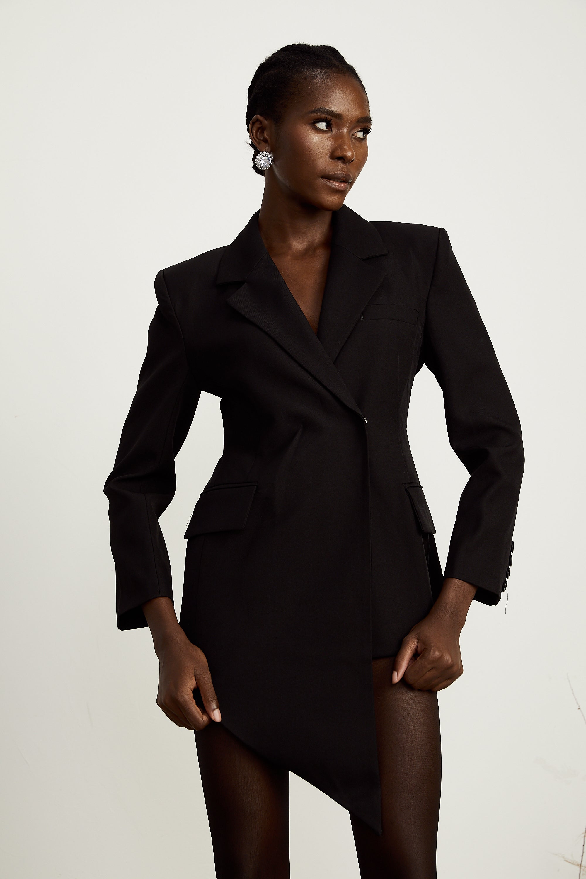 Halley black asymmetric waist-cinching blazer