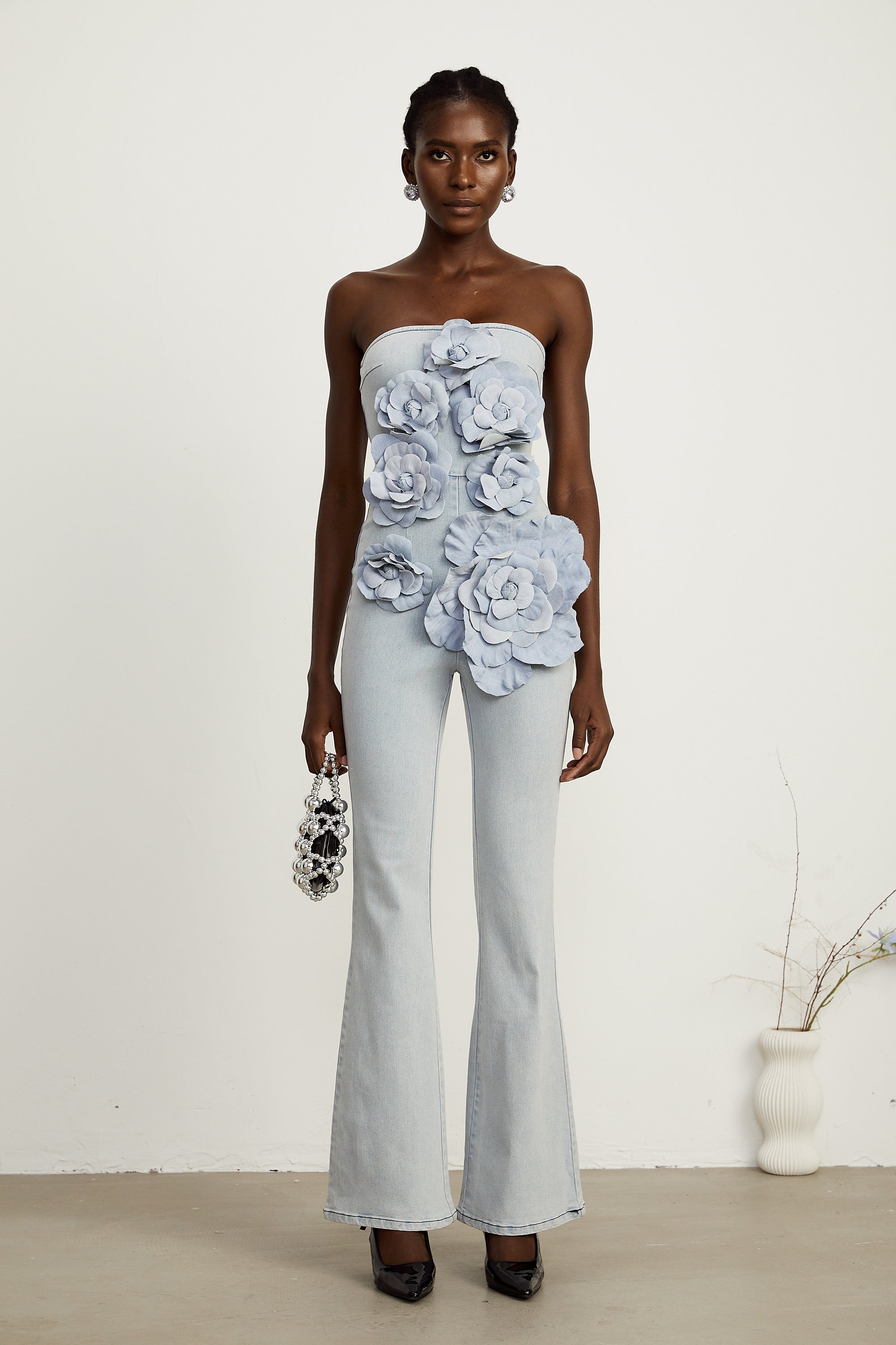 Auréliane faux-flower denim jumpsuit