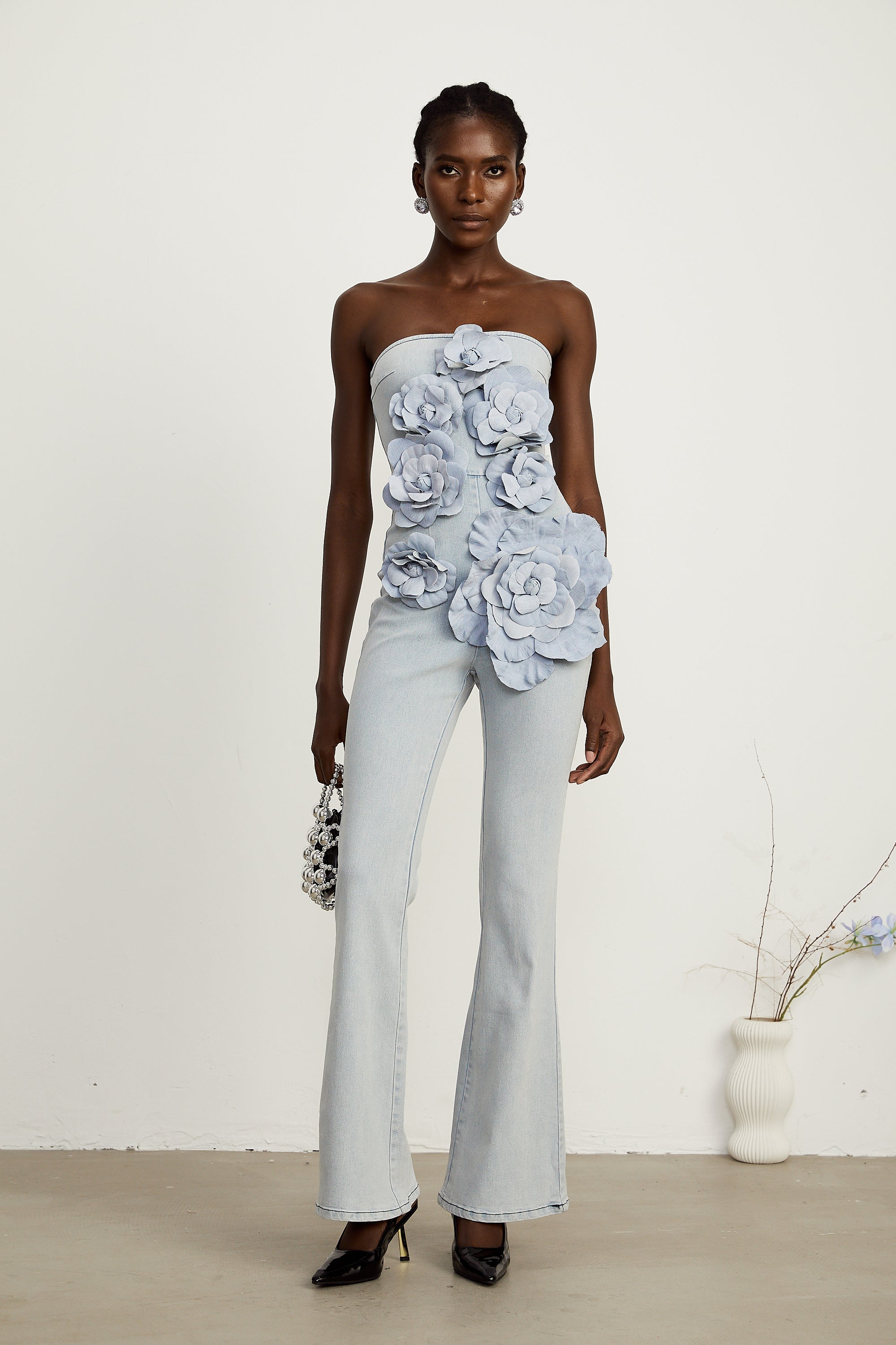 Auréliane faux-flower denim jumpsuit