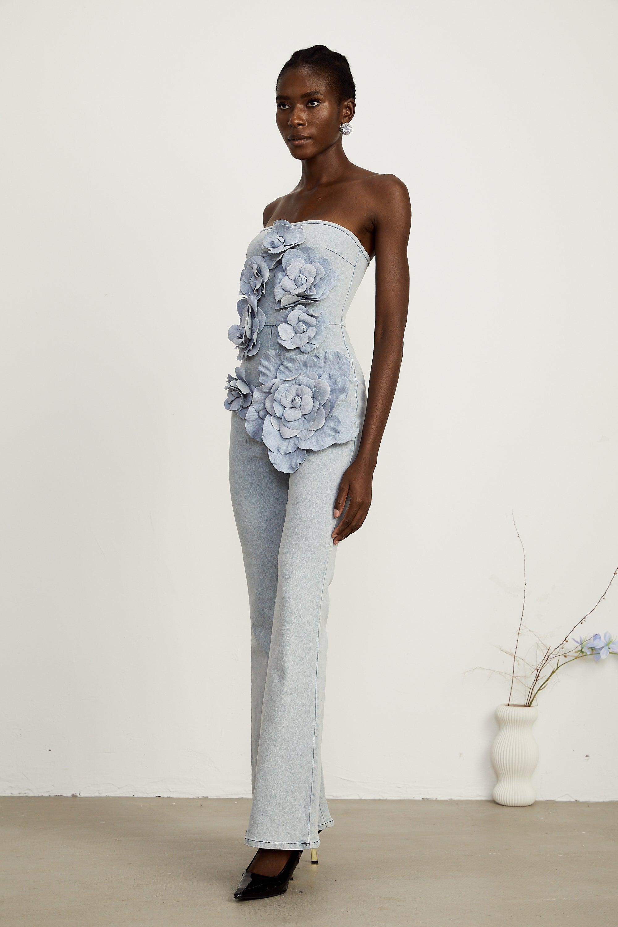 Auréliane faux-flower denim jumpsuit