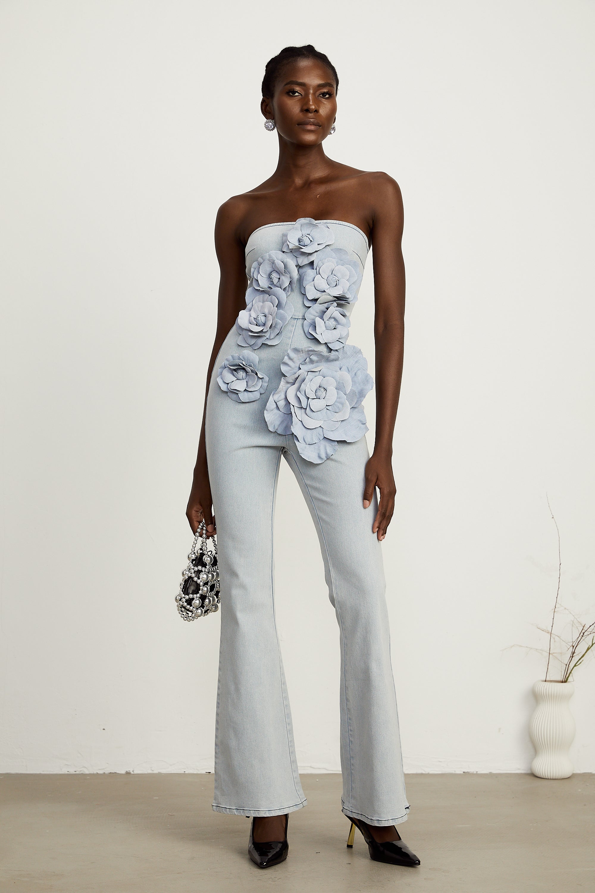 Auréliane faux-flower denim jumpsuit