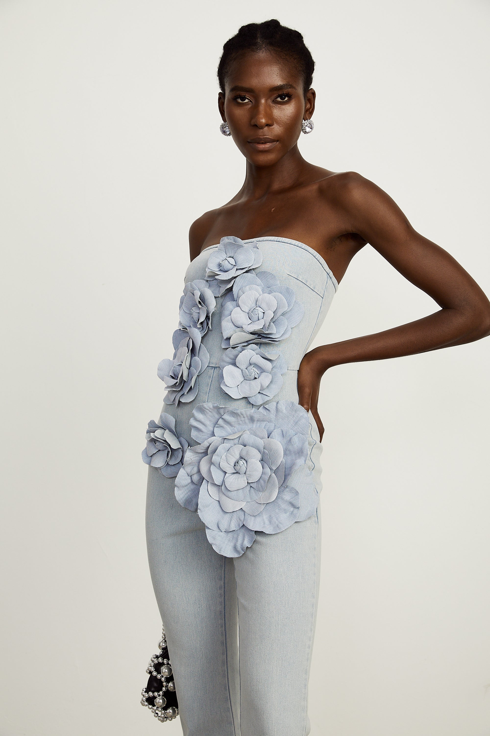 Auréliane faux-flower denim jumpsuit