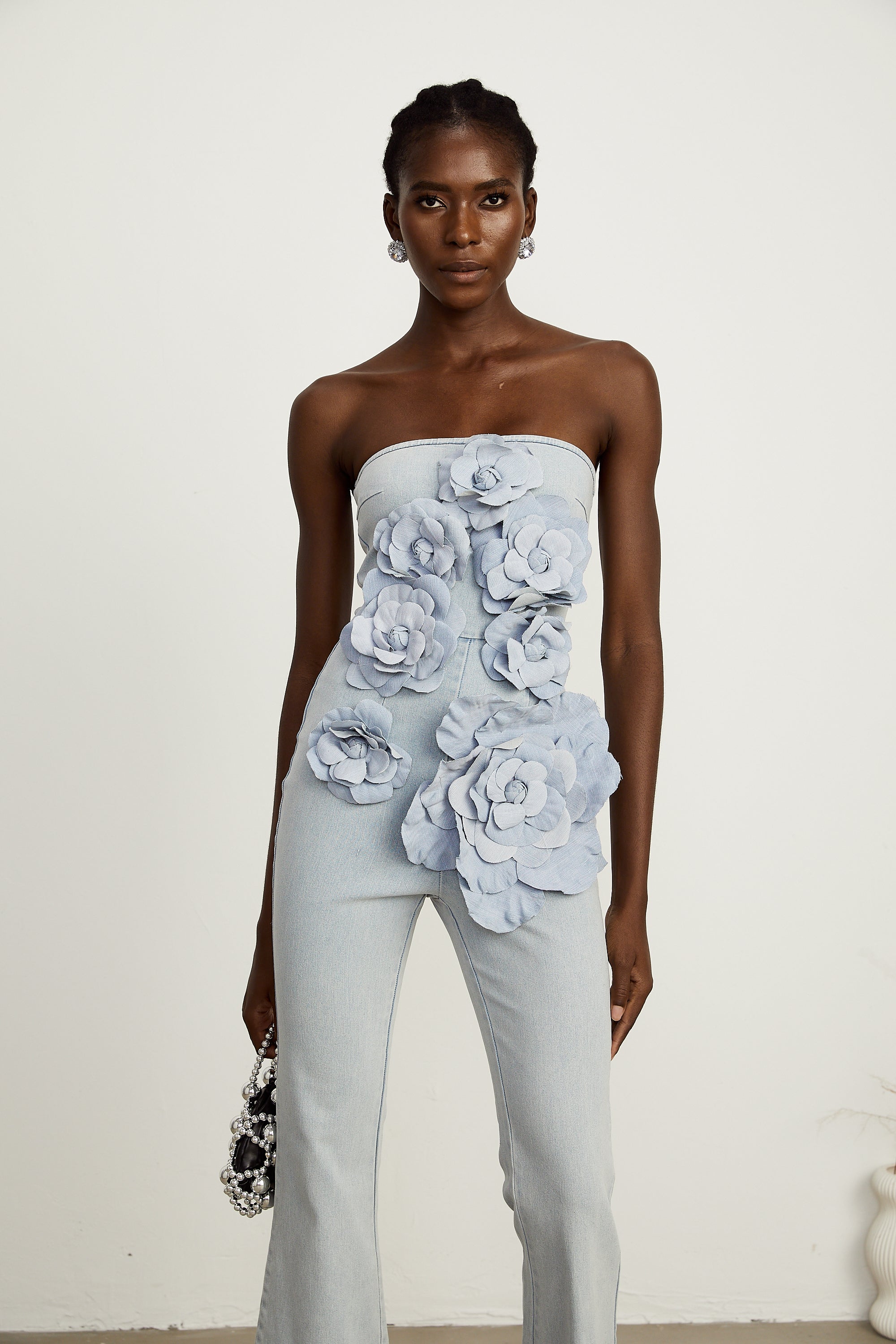 Auréliane faux-flower denim jumpsuit