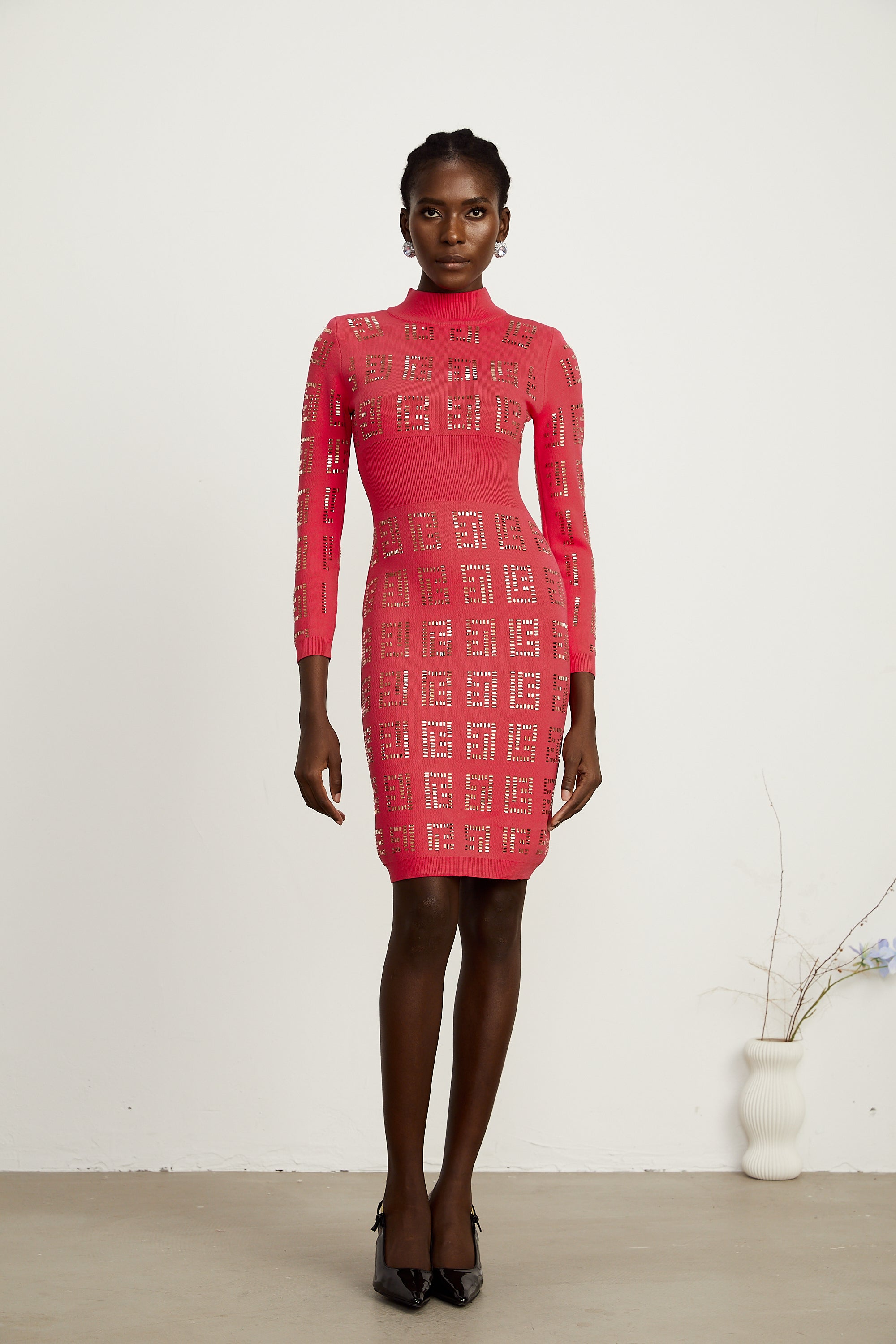 Judith red geometric-pattern rhinestone midi dress