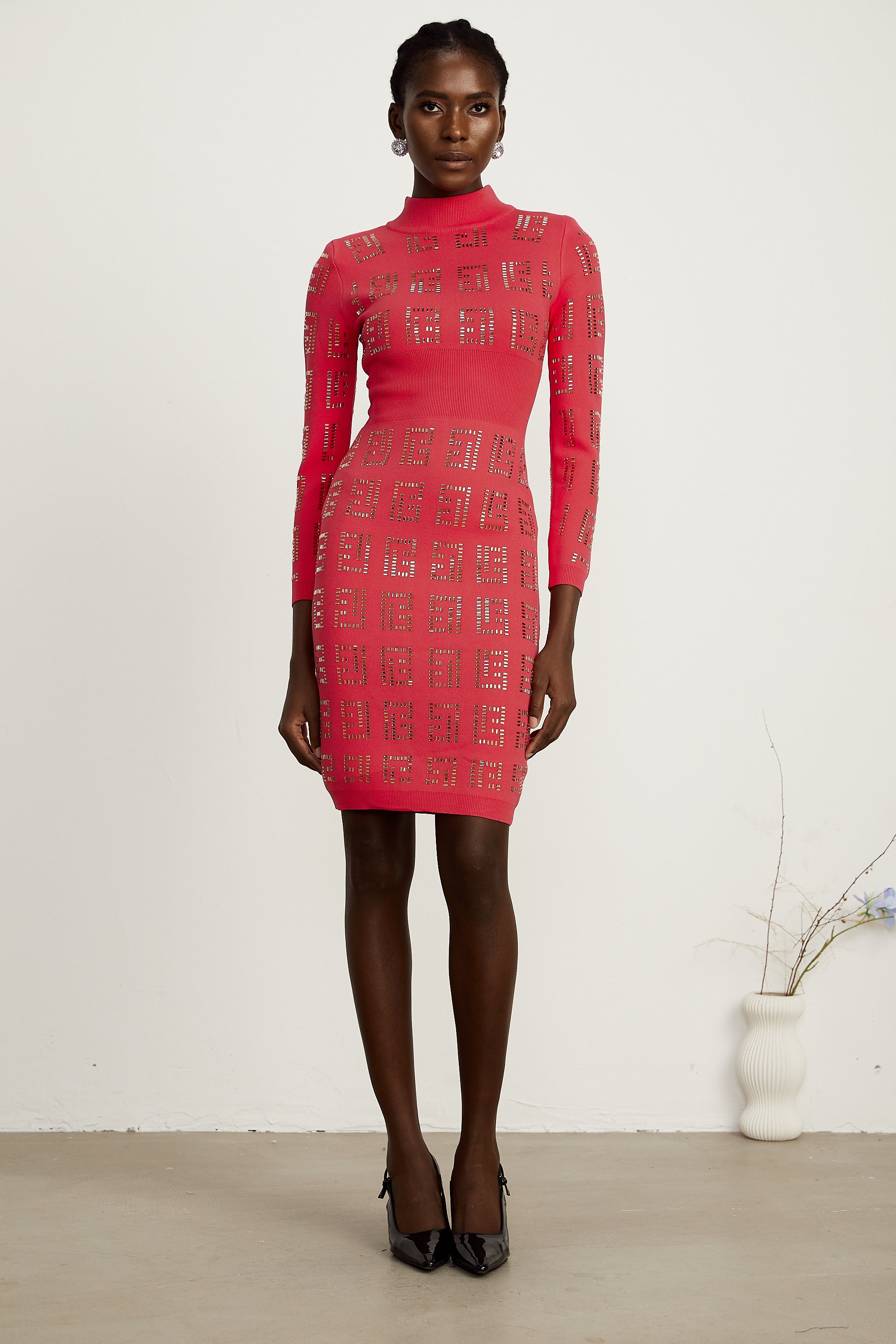 Judith red geometric-pattern rhinestone midi dress