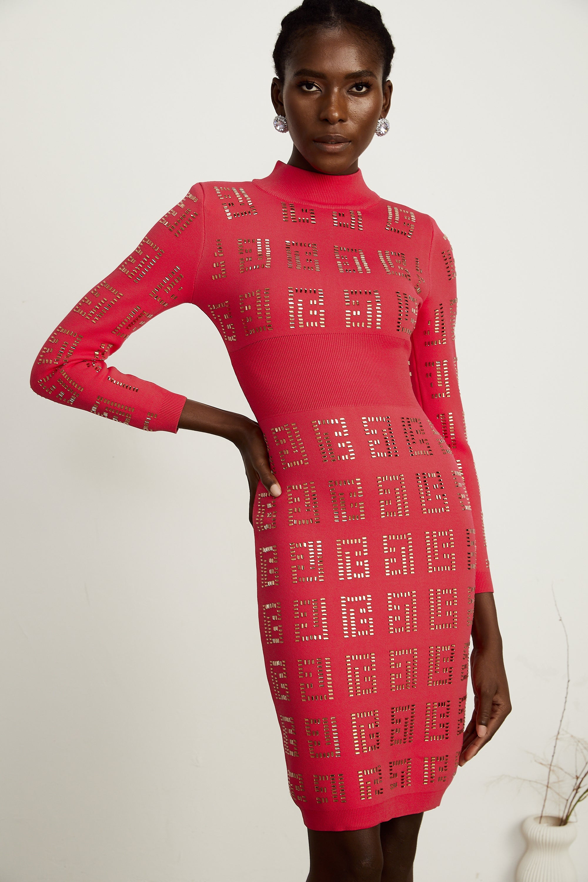 Judith red geometric-pattern rhinestone midi dress