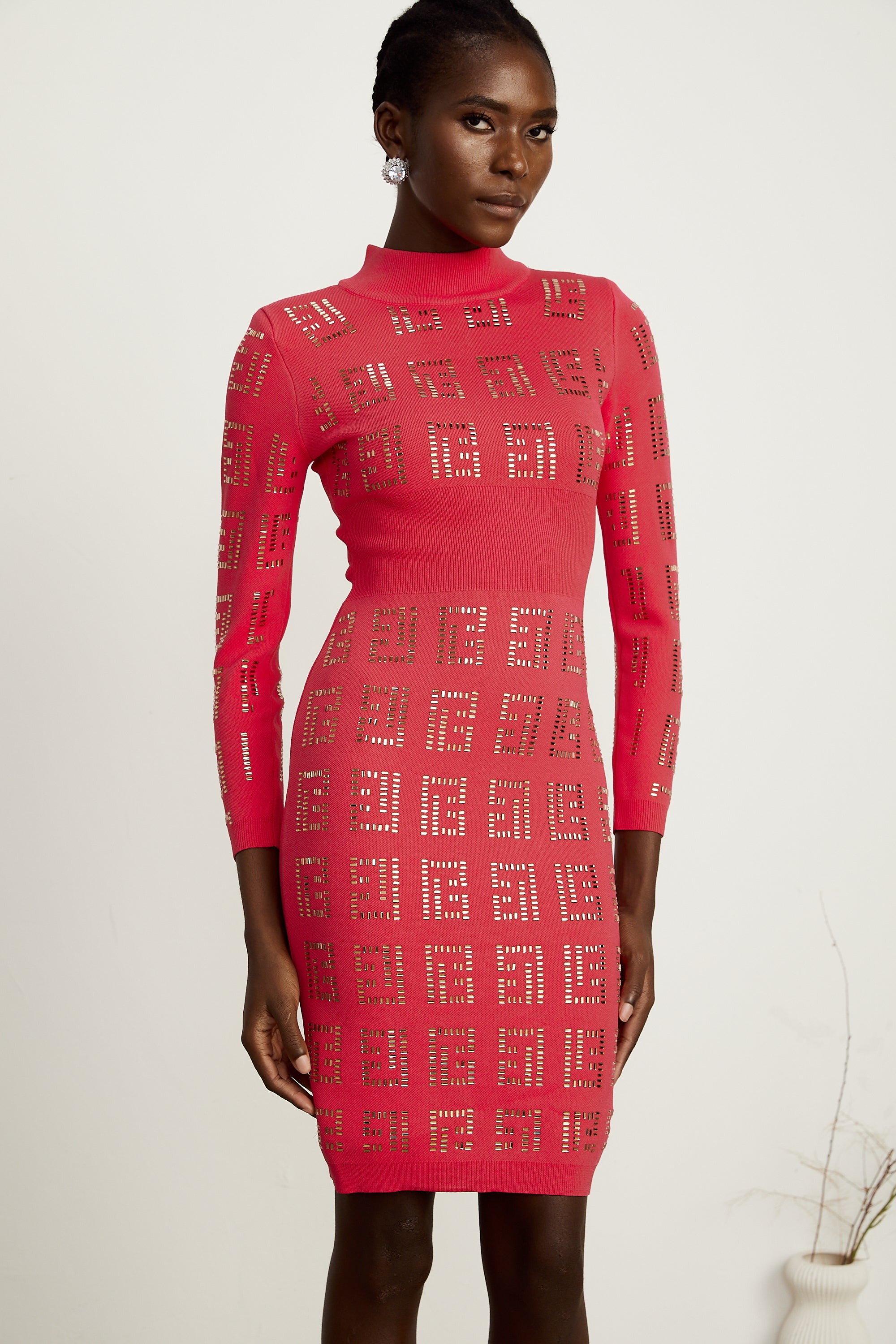 Judith red geometric-pattern rhinestone midi dress