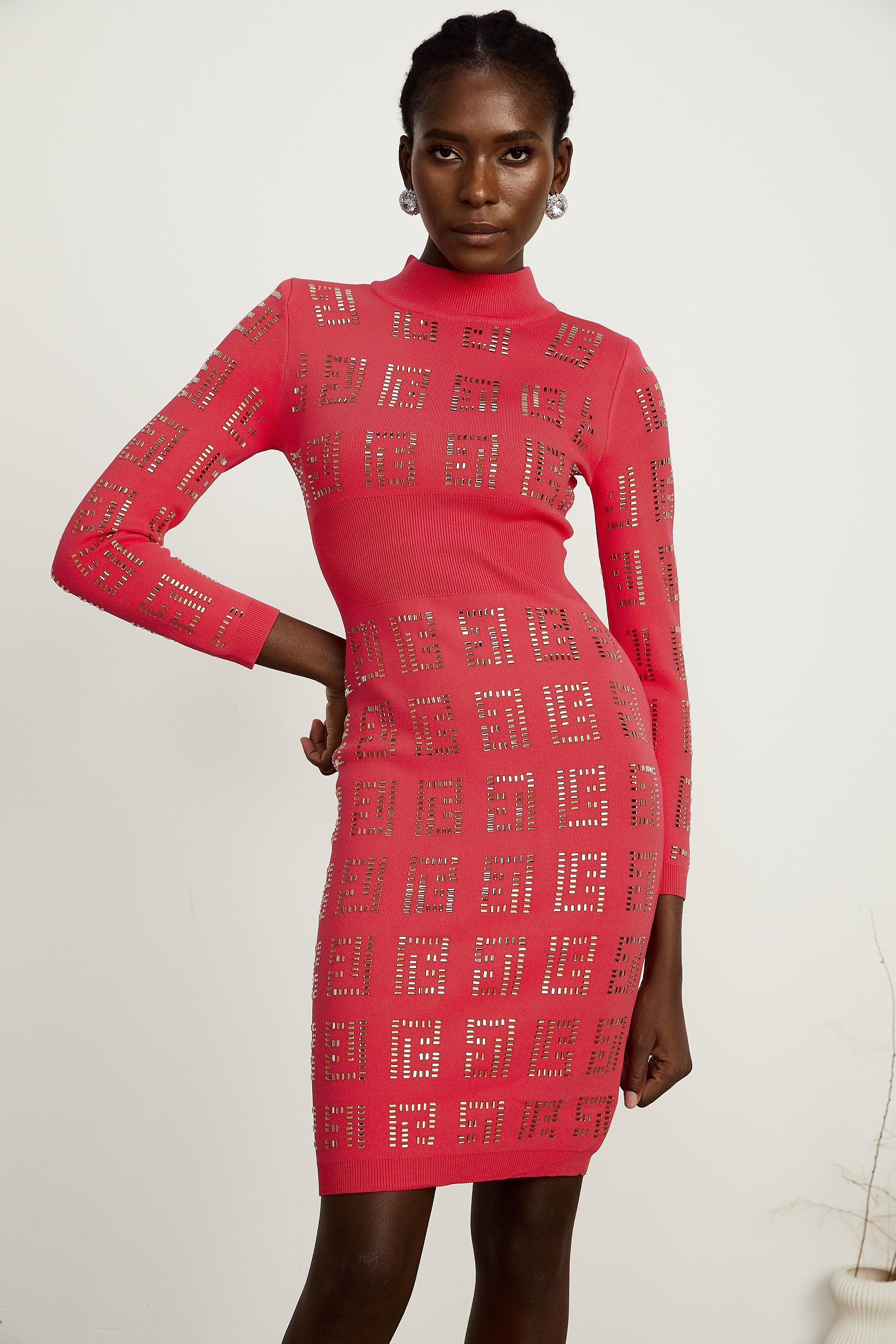 Judith red geometric-pattern rhinestone midi dress