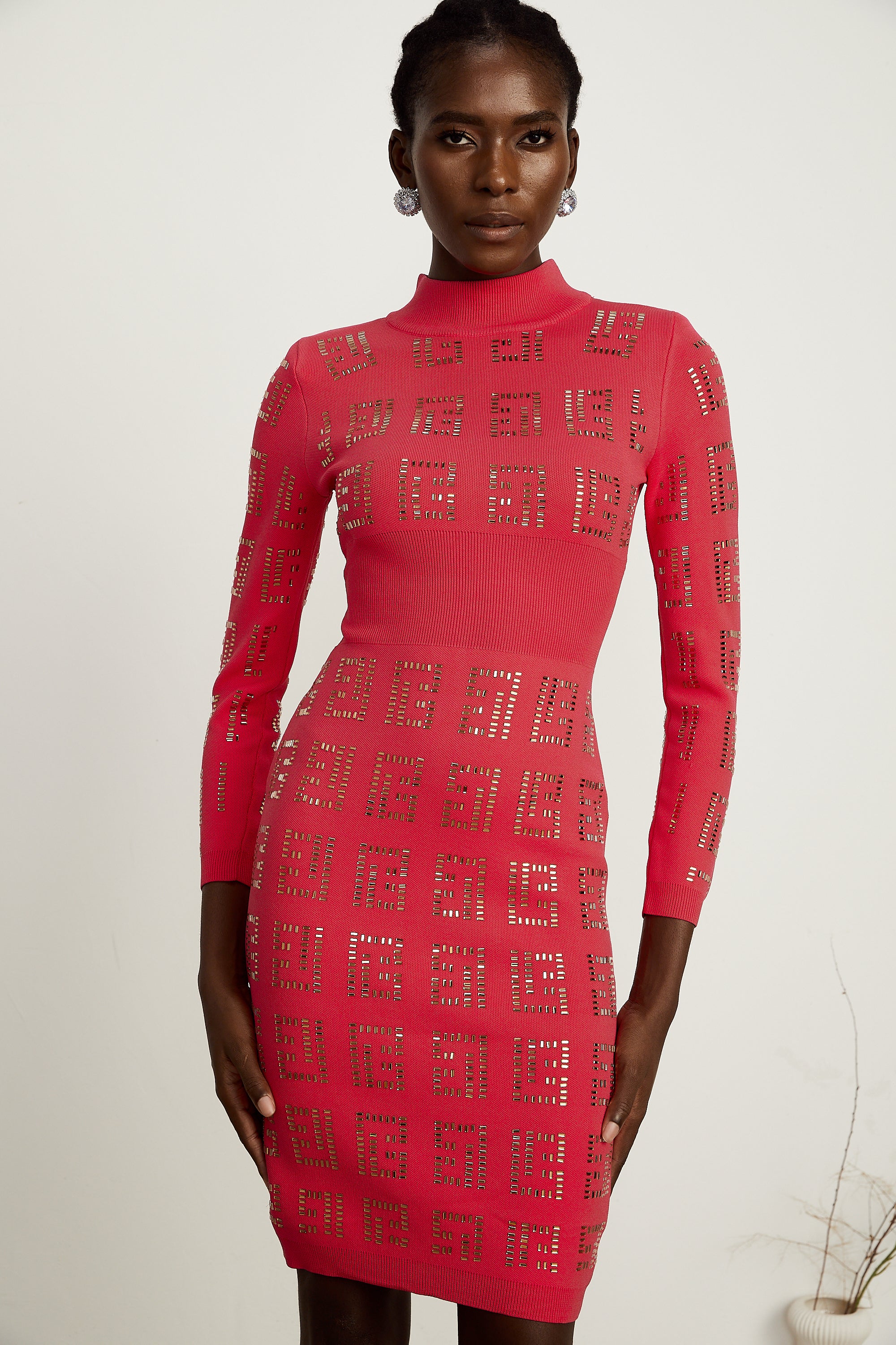 Judith red geometric-pattern rhinestone midi dress