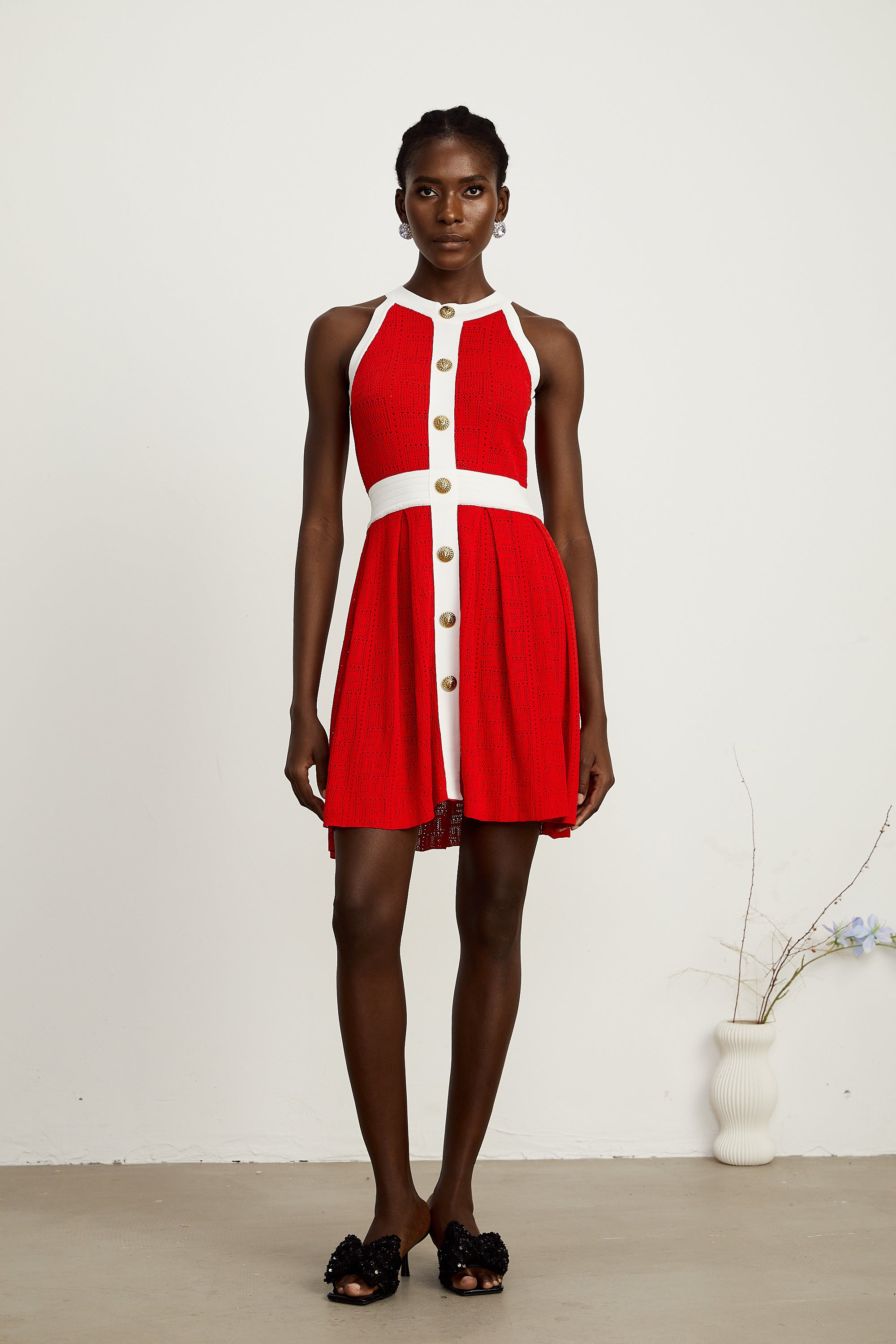 Jasmine red contrast-trim sleeveless knit mini dress