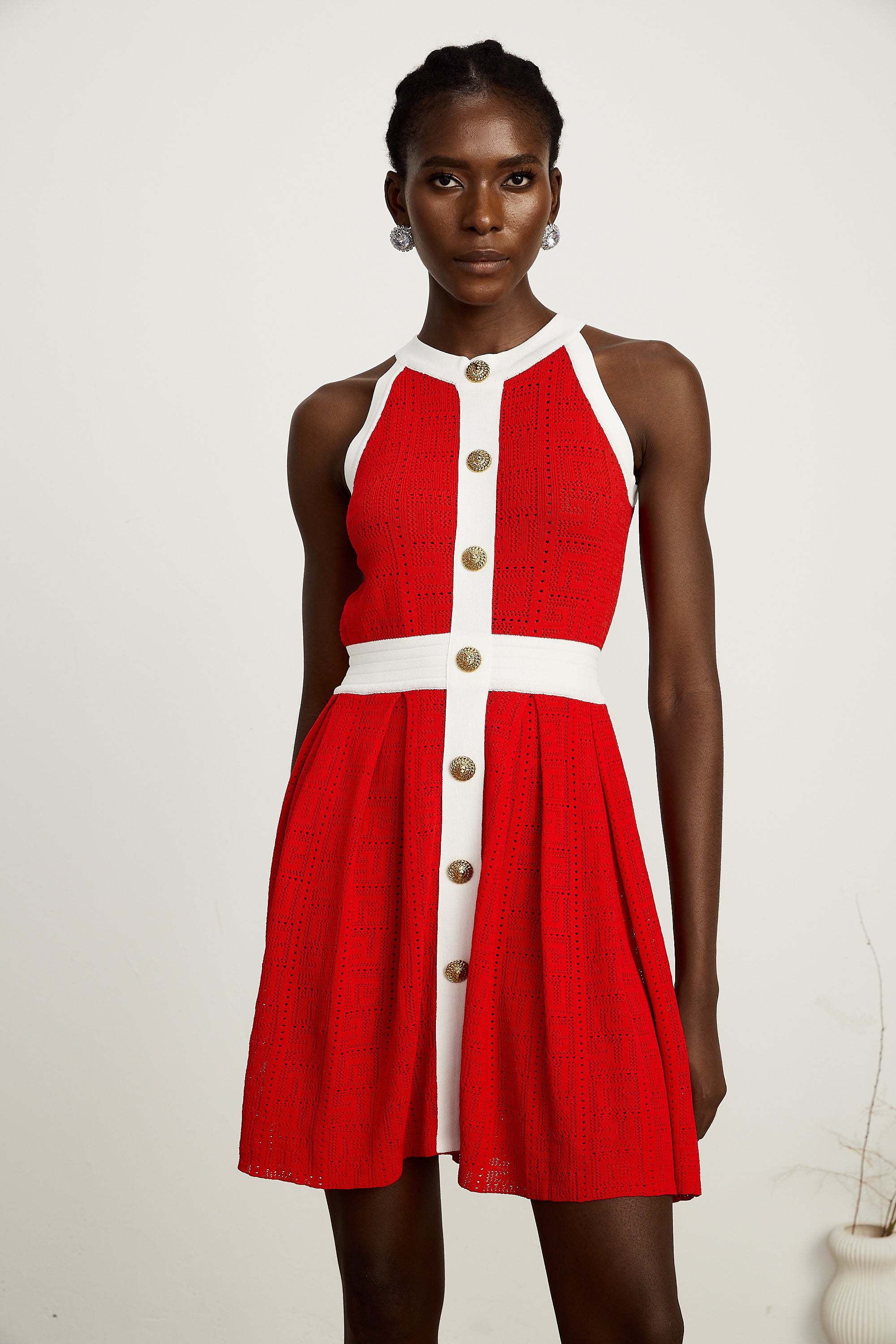 Jasmine red contrast-trim sleeveless knit mini dress