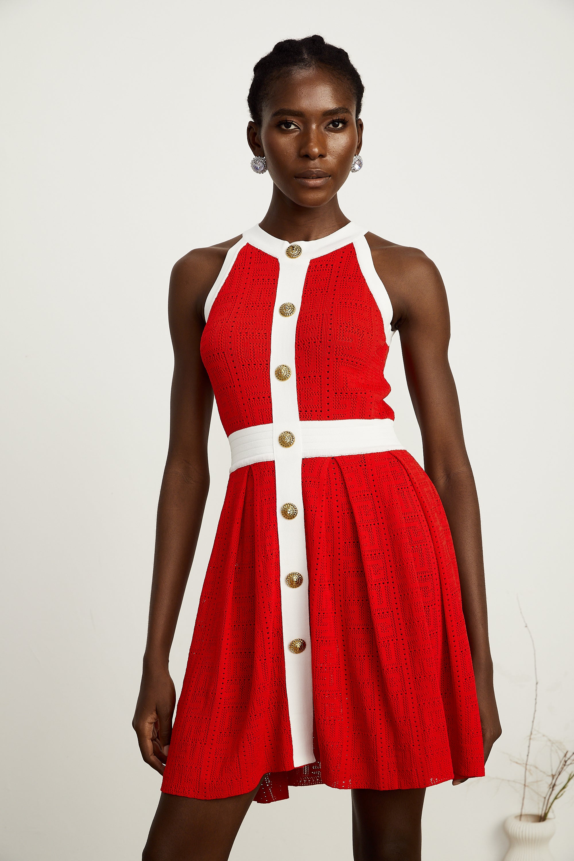 Jasmine red contrast-trim sleeveless knit mini dress