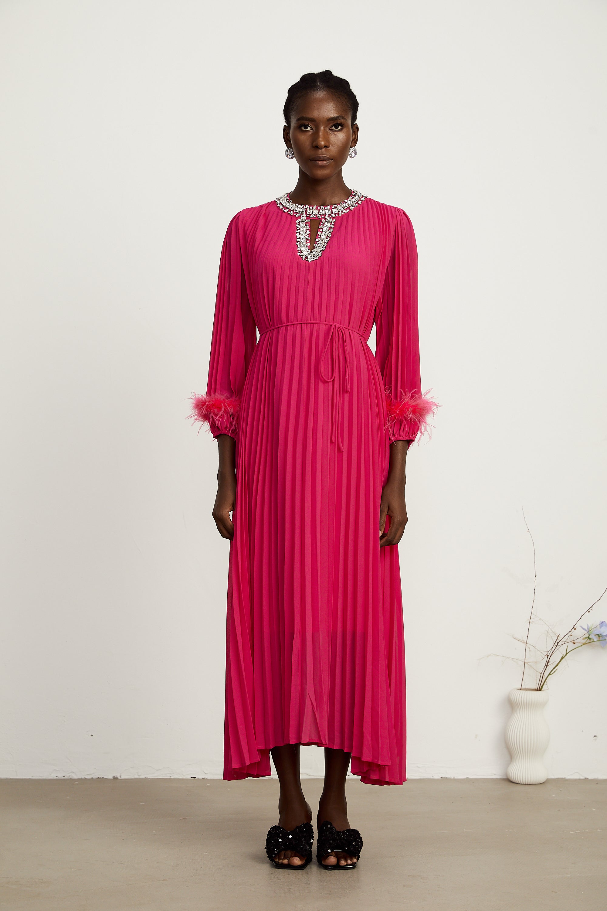 Constance pink feather-embellished pleated midi dress