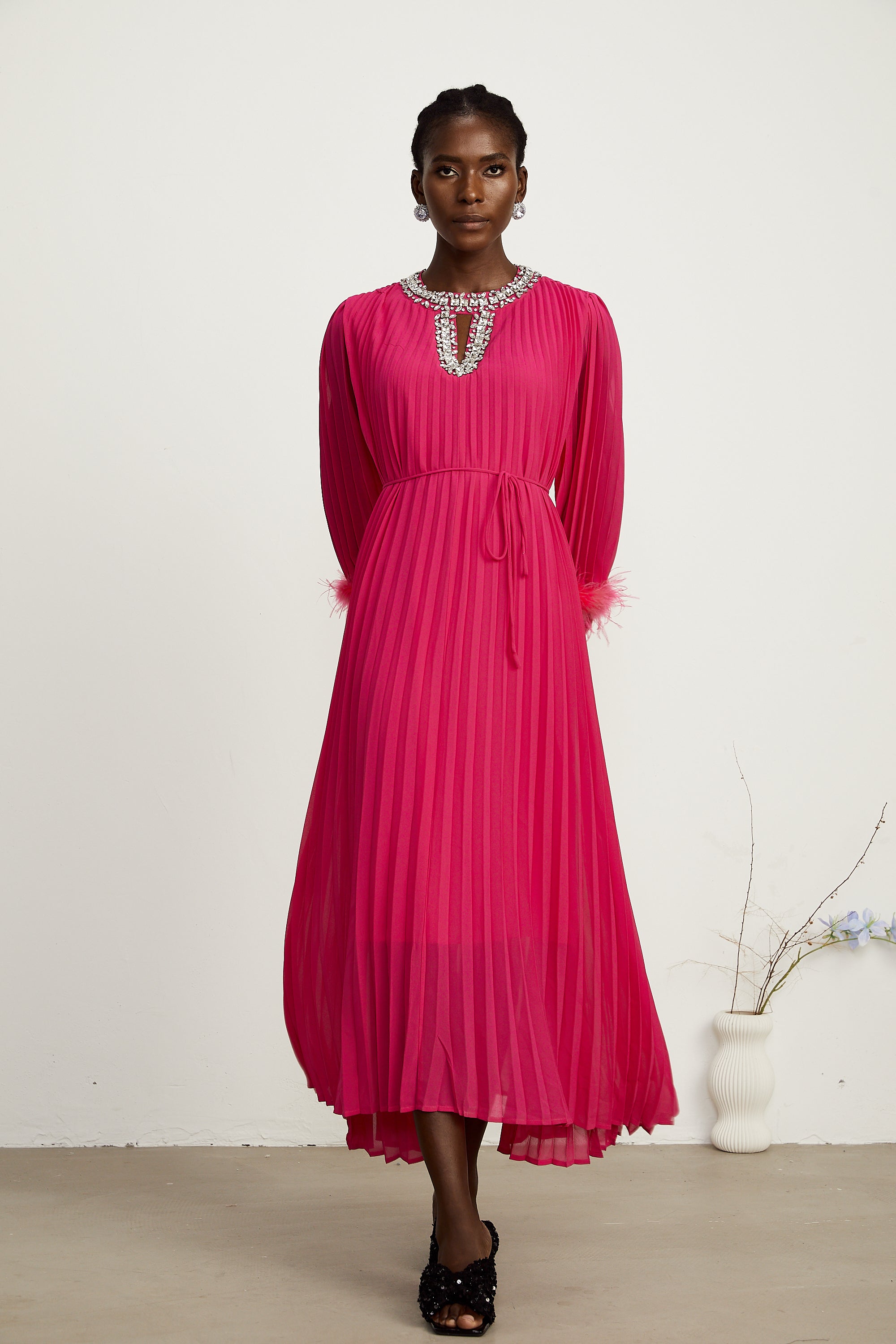 Constance pink feather-embellished pleated midi dress