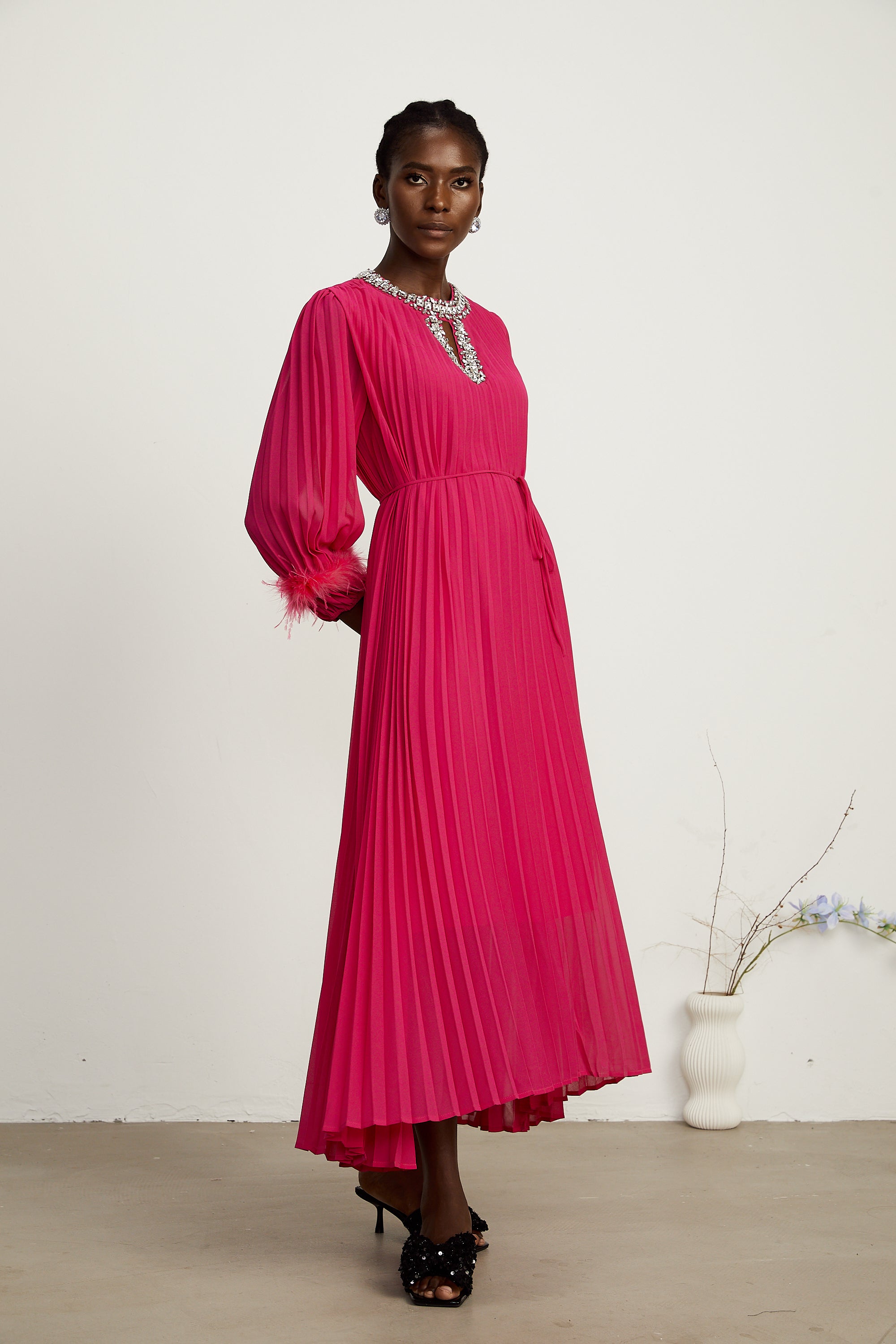 Constance pink feather-embellished pleated midi dress