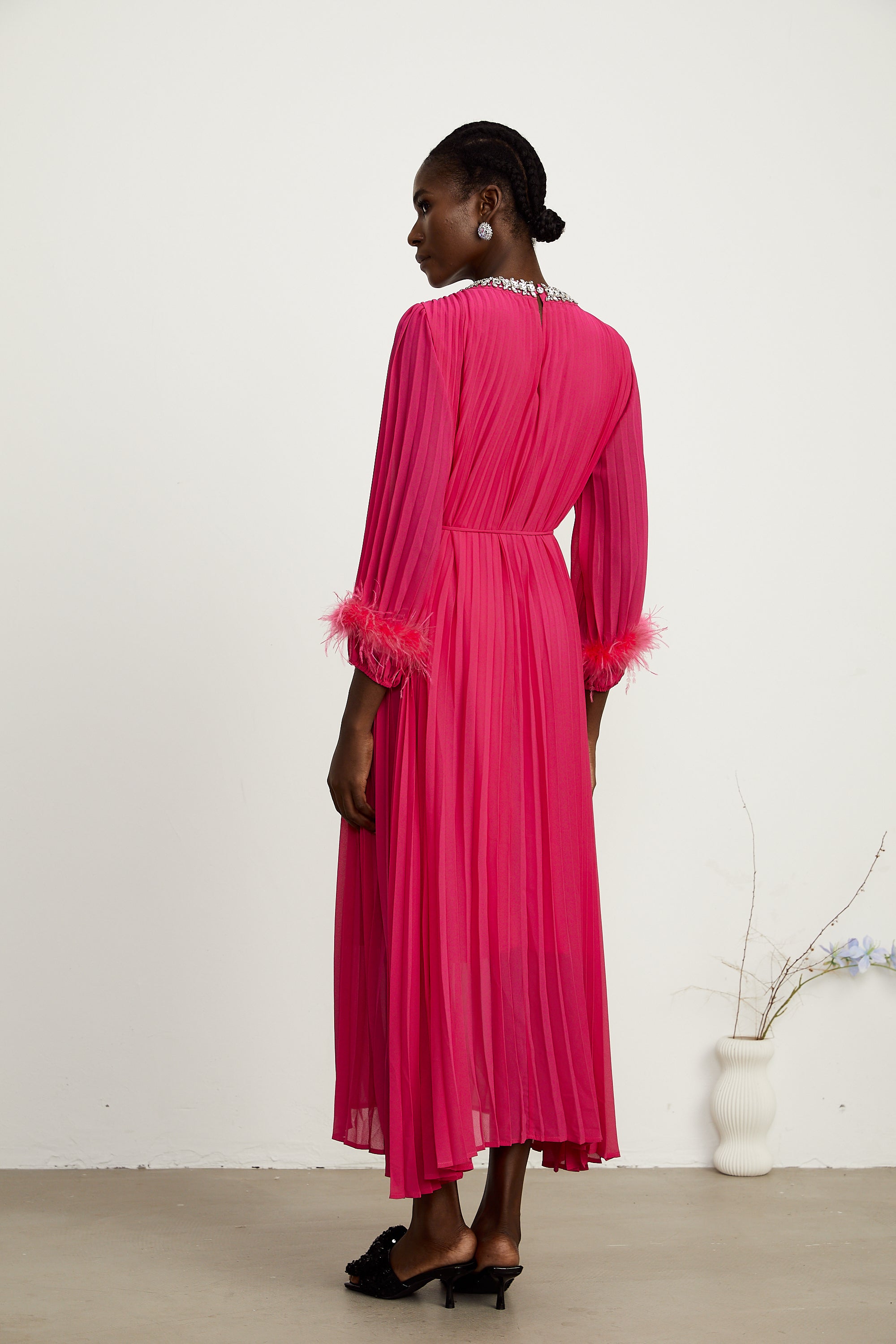 Constance pink feather-embellished pleated midi dress