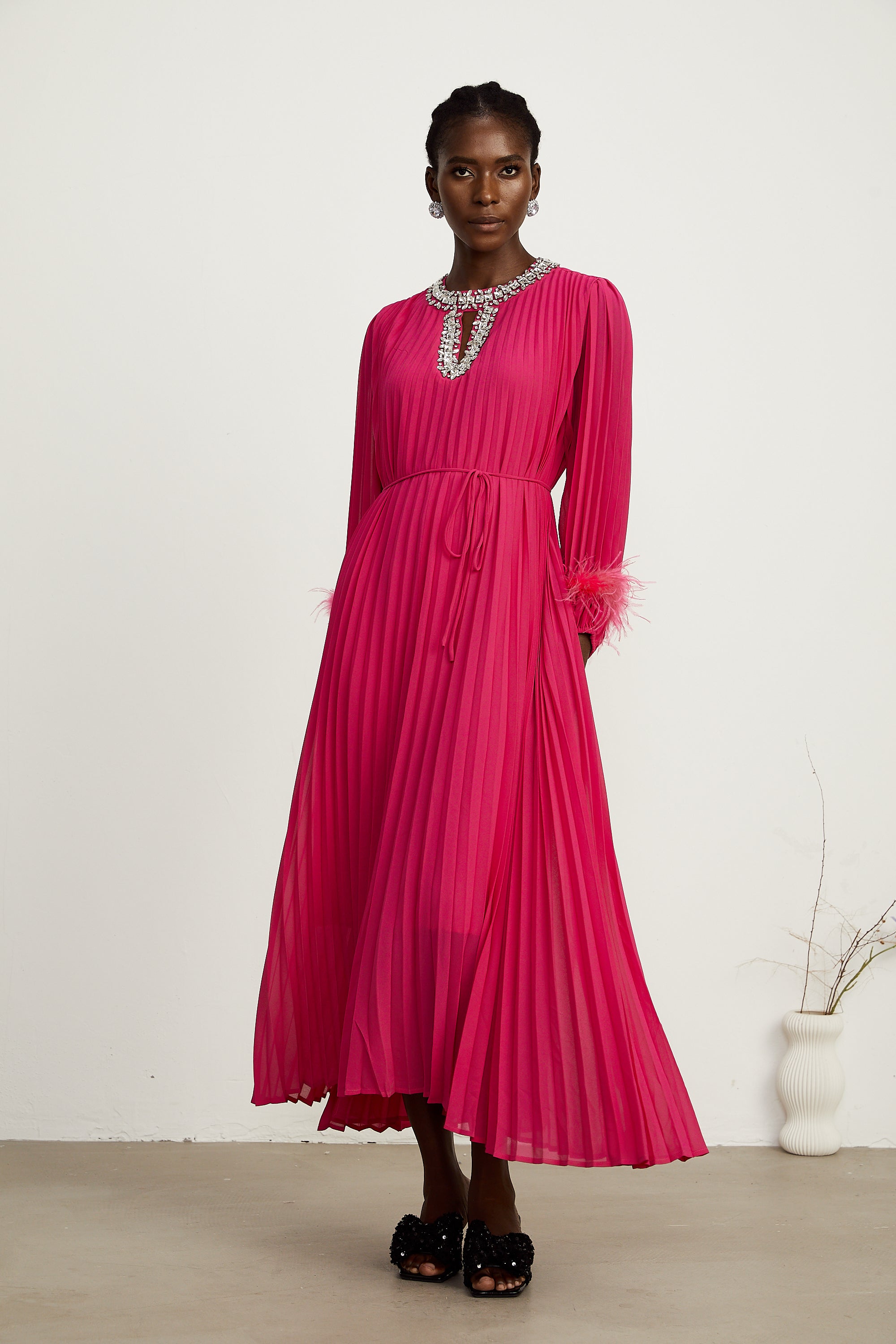 Constance pink feather-embellished pleated midi dress