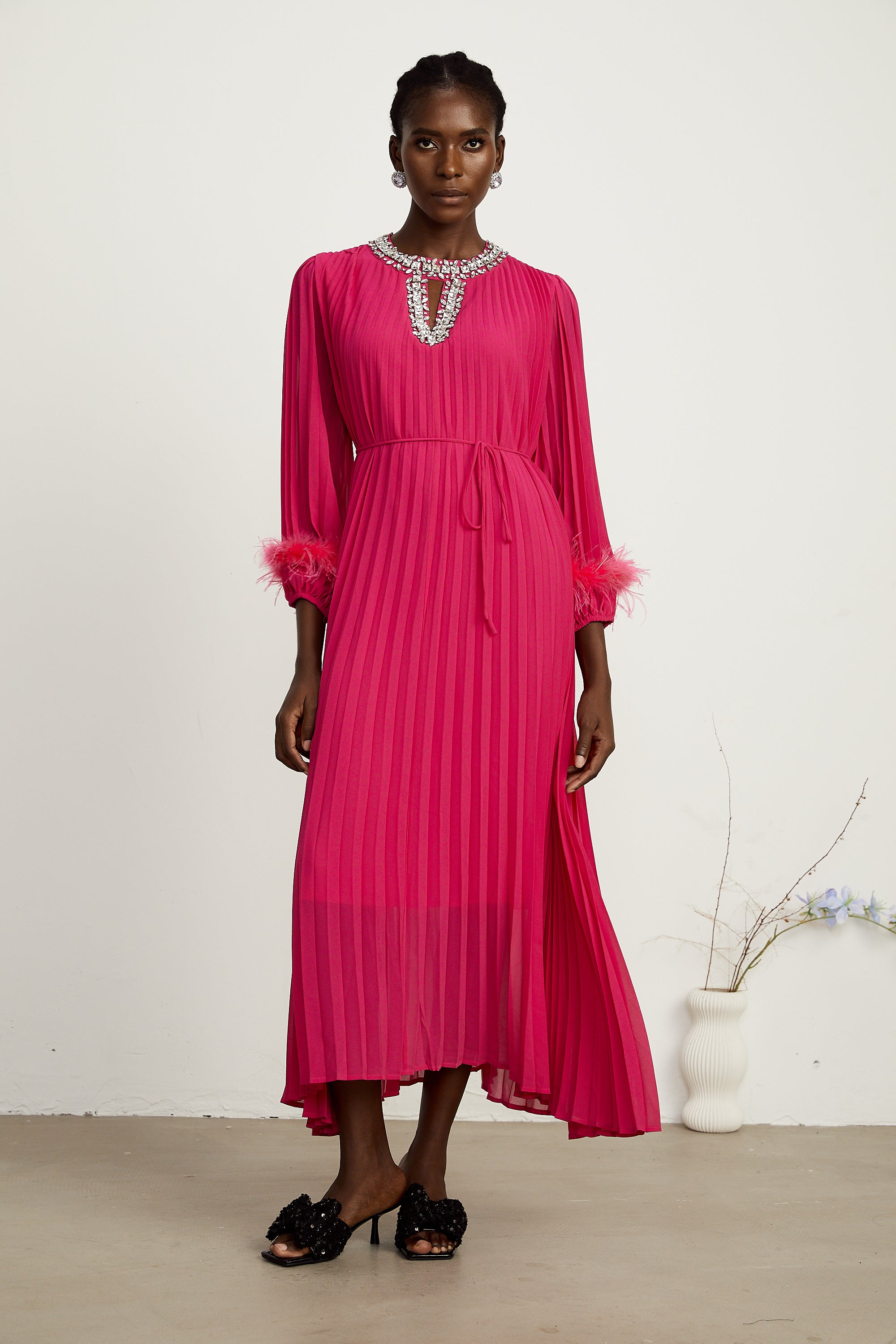 Constance pink feather-embellished pleated midi dress