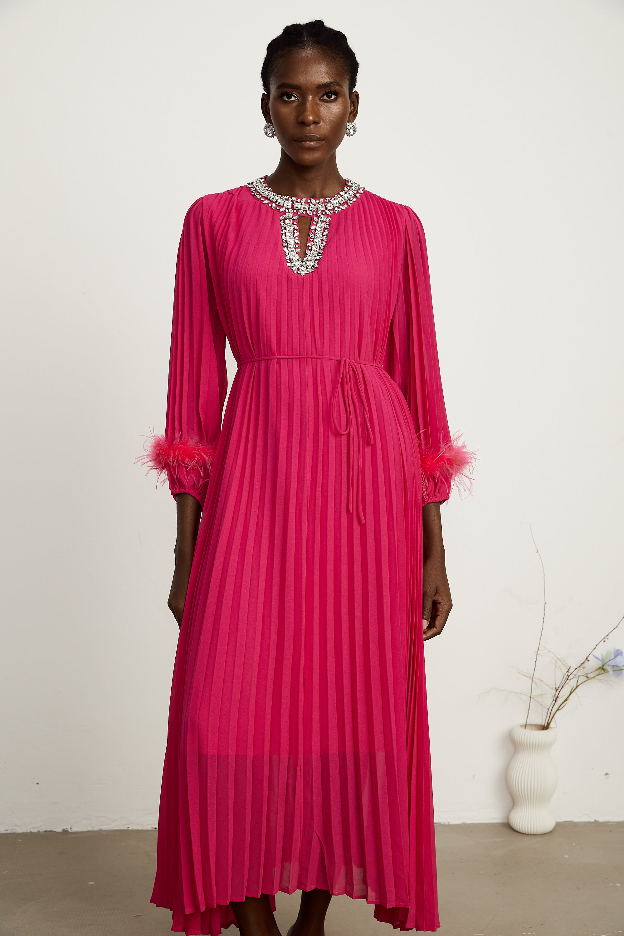 Constance pink feather-embellished pleated midi dress