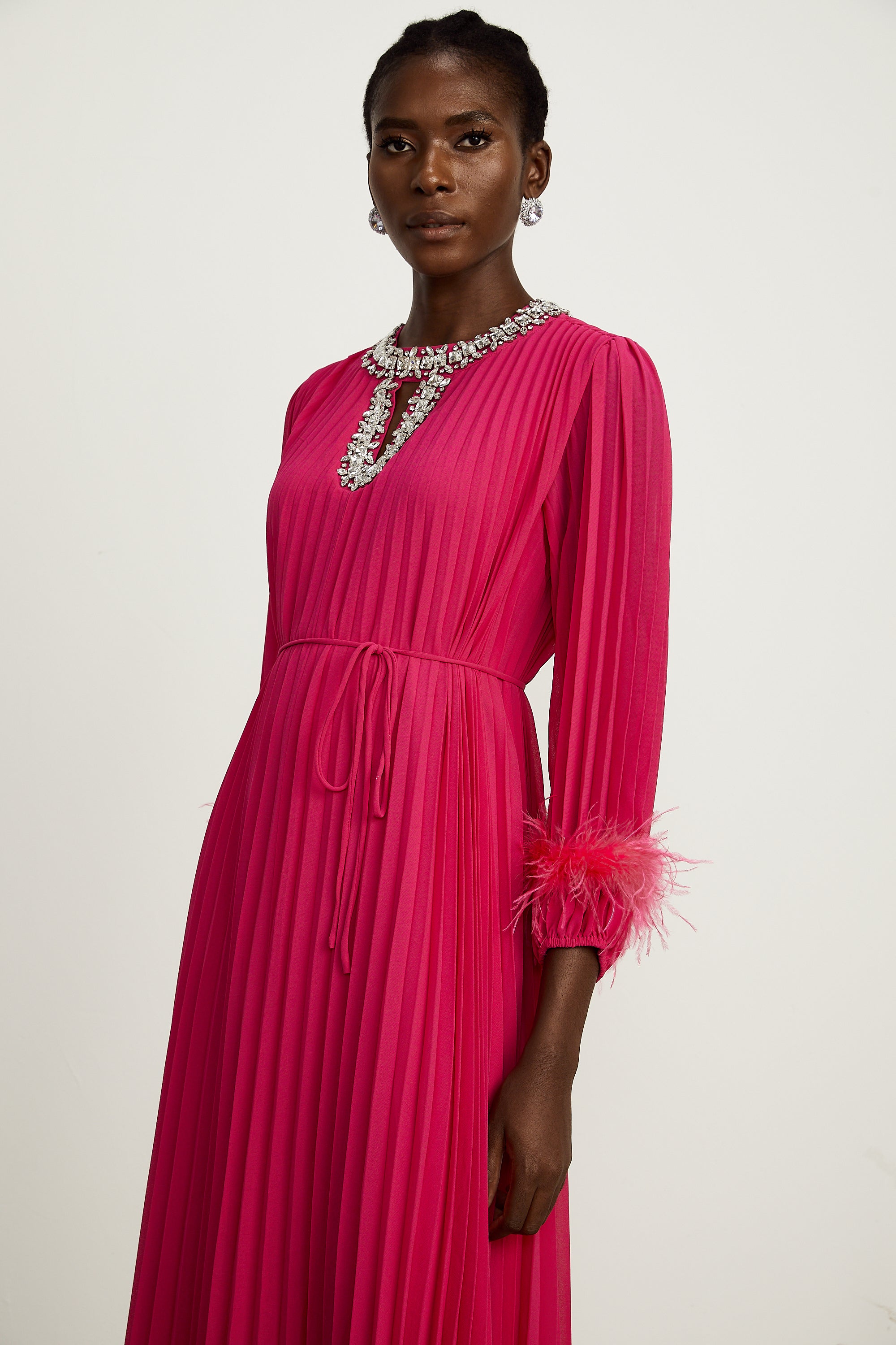 Constance pink feather-embellished pleated midi dress