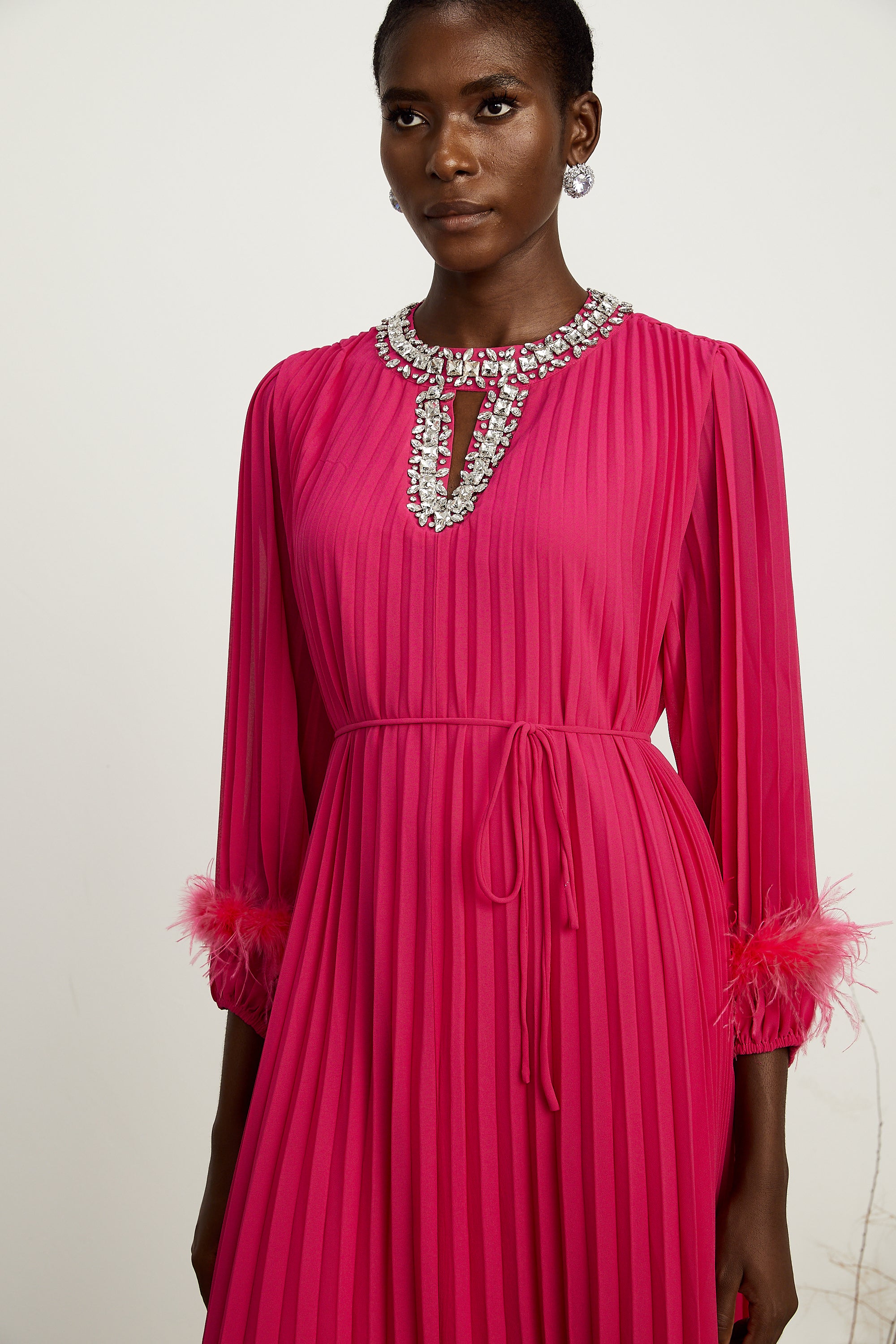 Constance pink feather-embellished pleated midi dress