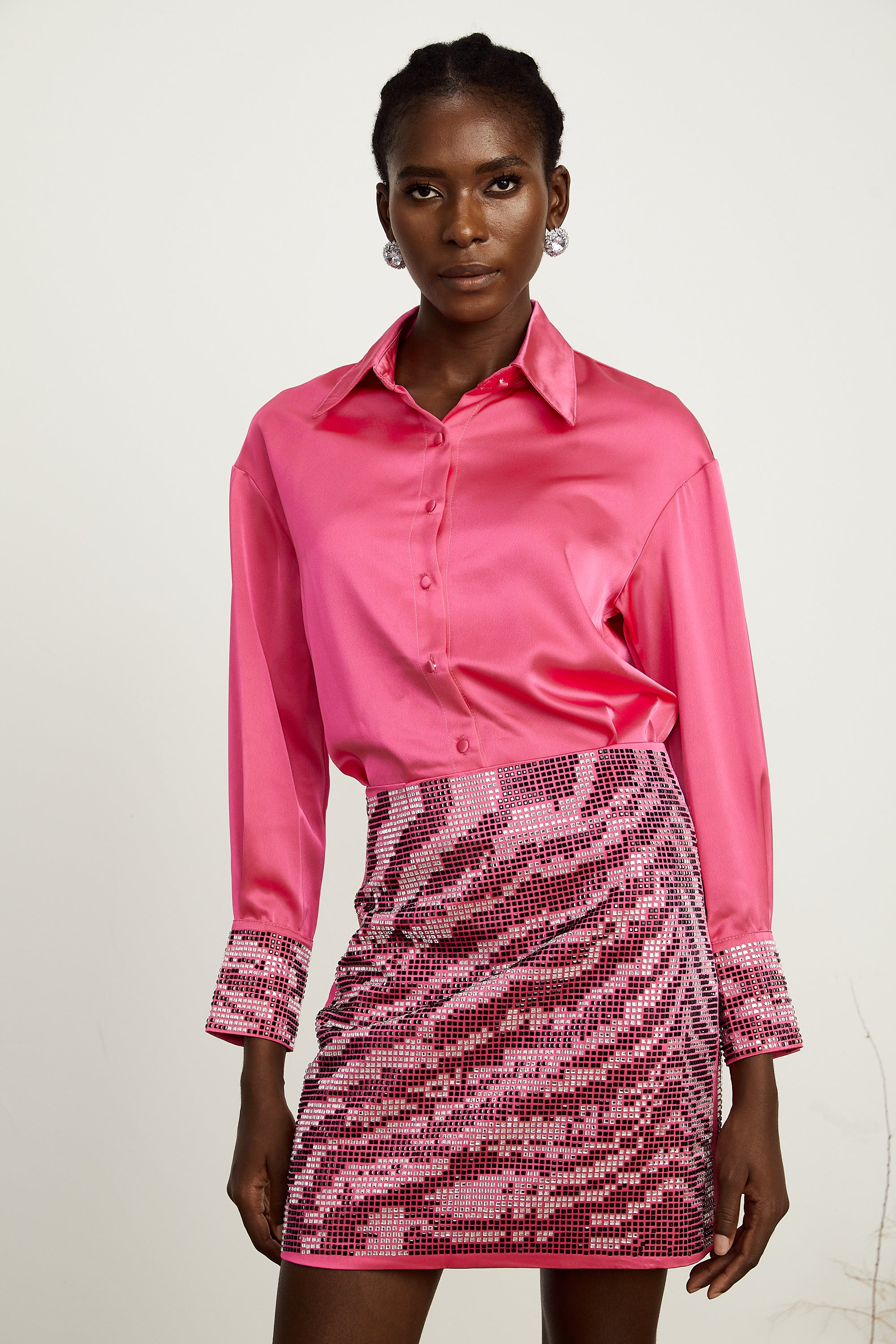 Colette pink satin-finish beaded shirt & skirt matching set