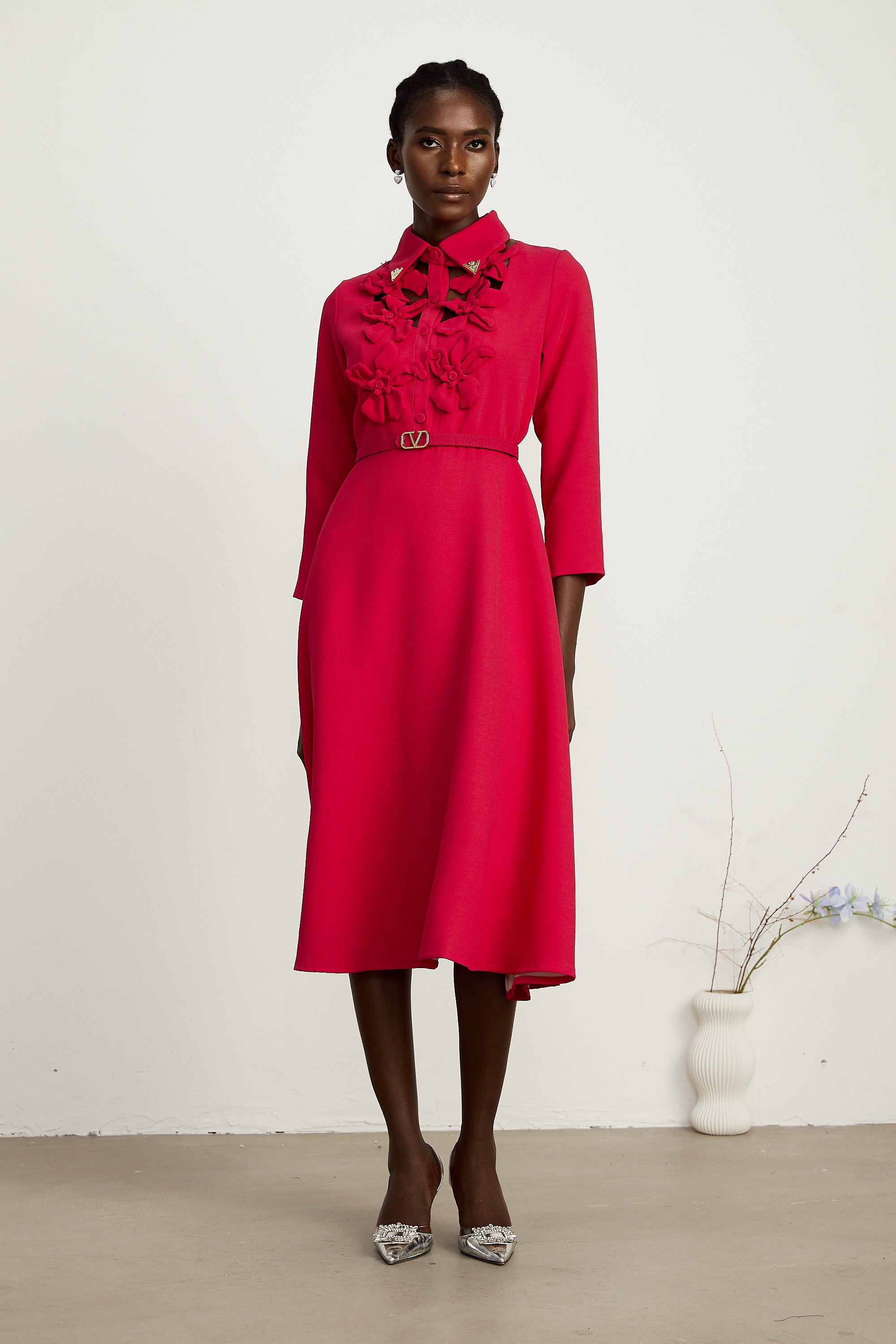 Carlotta red flower-appliqué cut-out midi dress