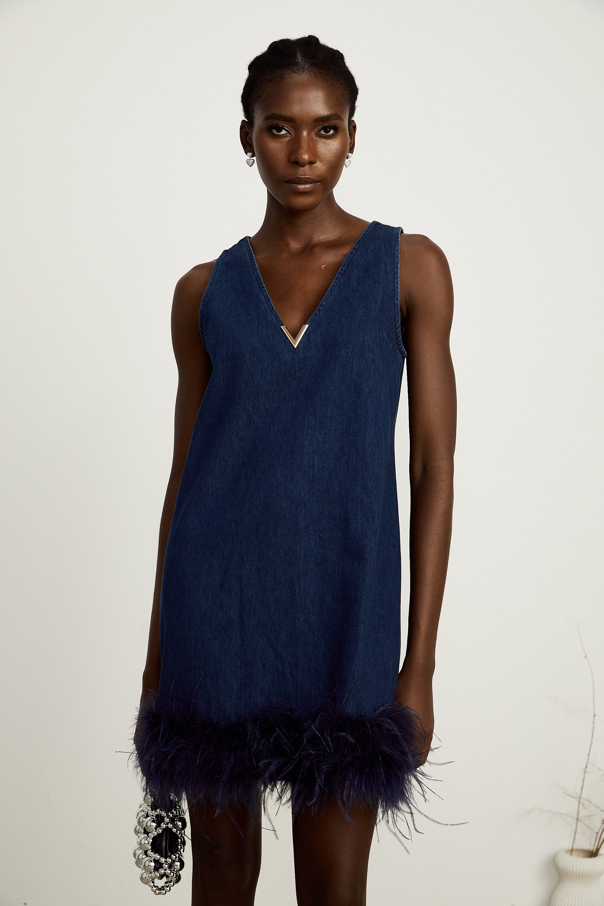 Éloïse blue sleeveless feather-trim denim mini dress