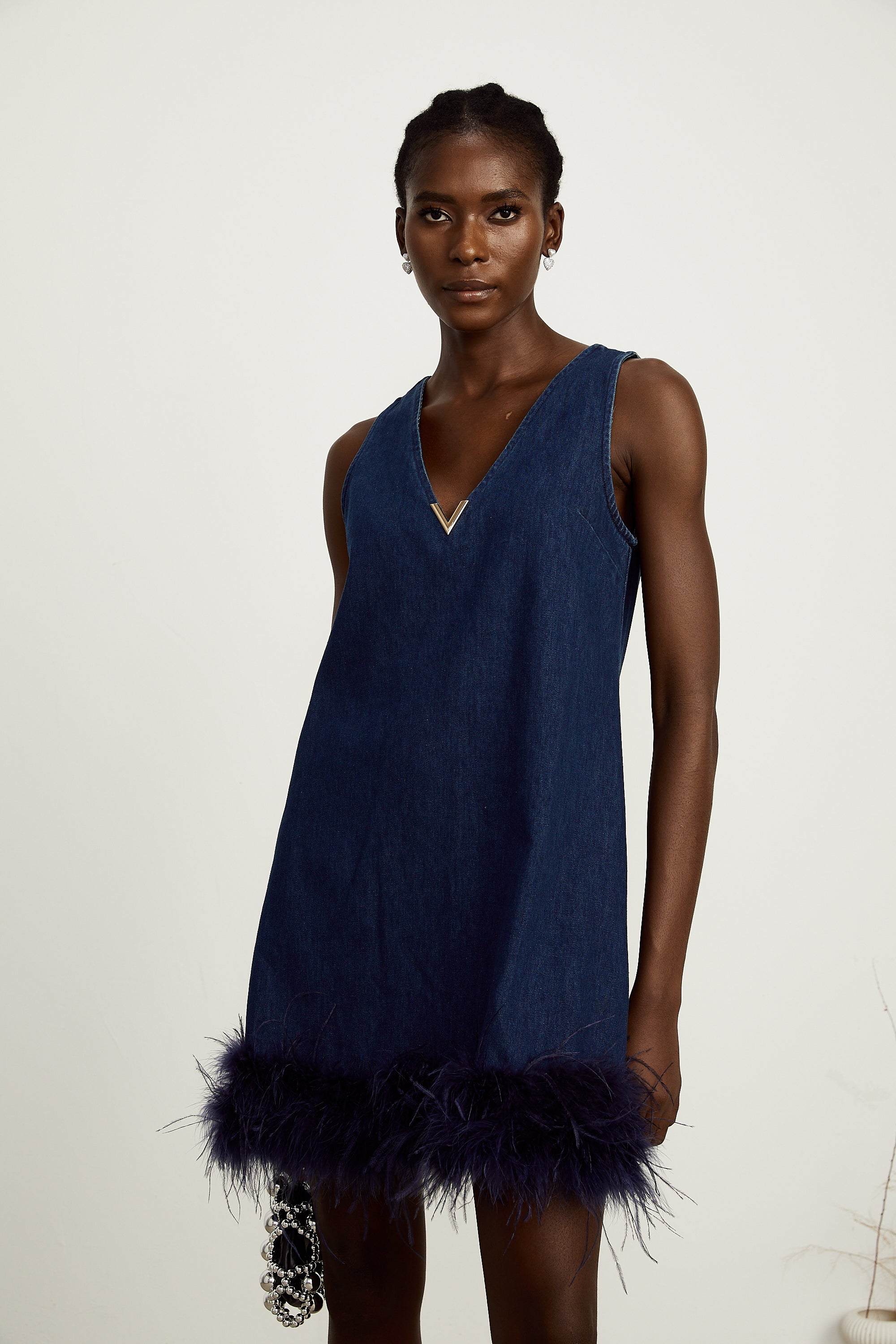 Éloïse blue sleeveless feather-trim denim mini dress