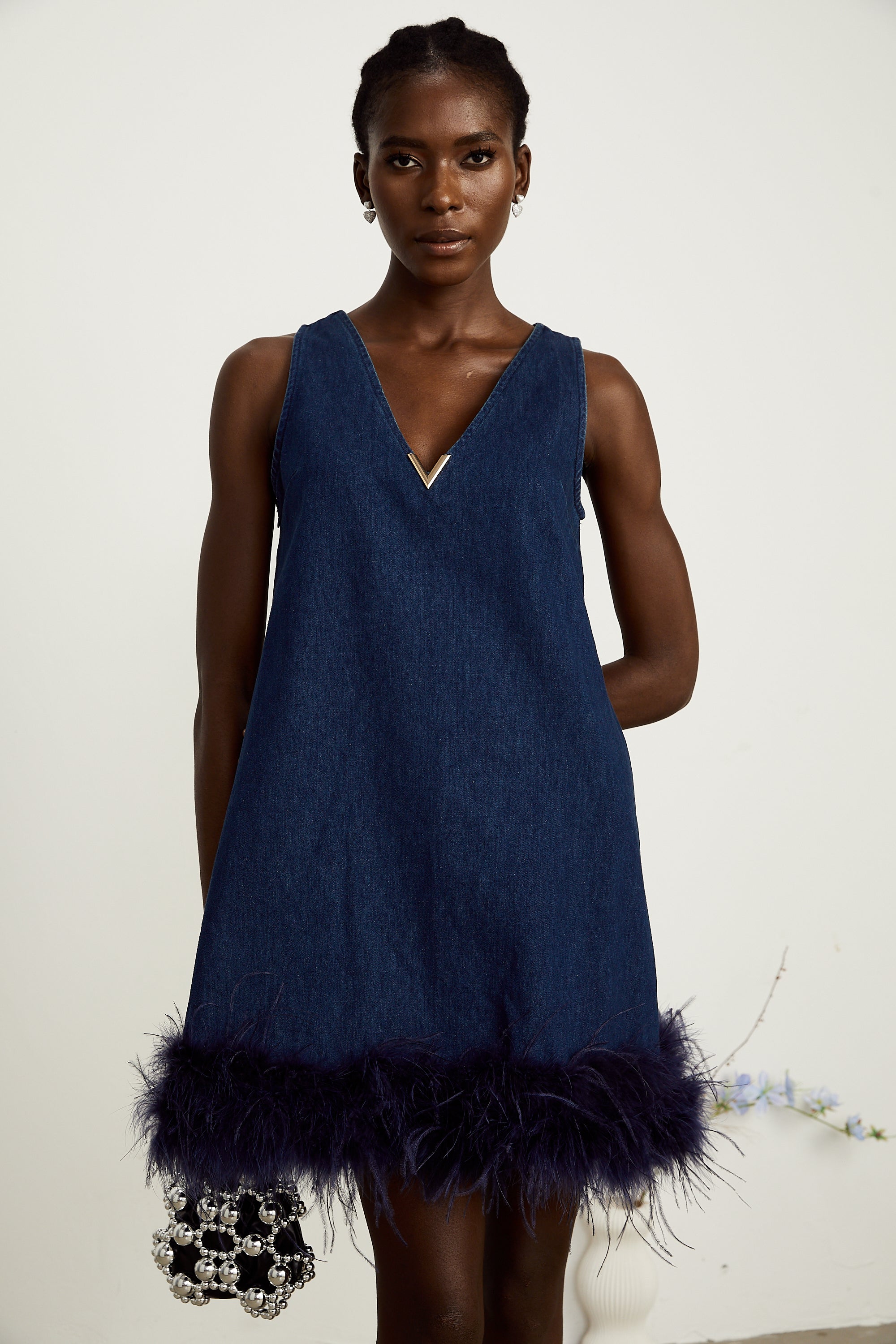 Éloïse blue sleeveless feather-trim denim mini dress