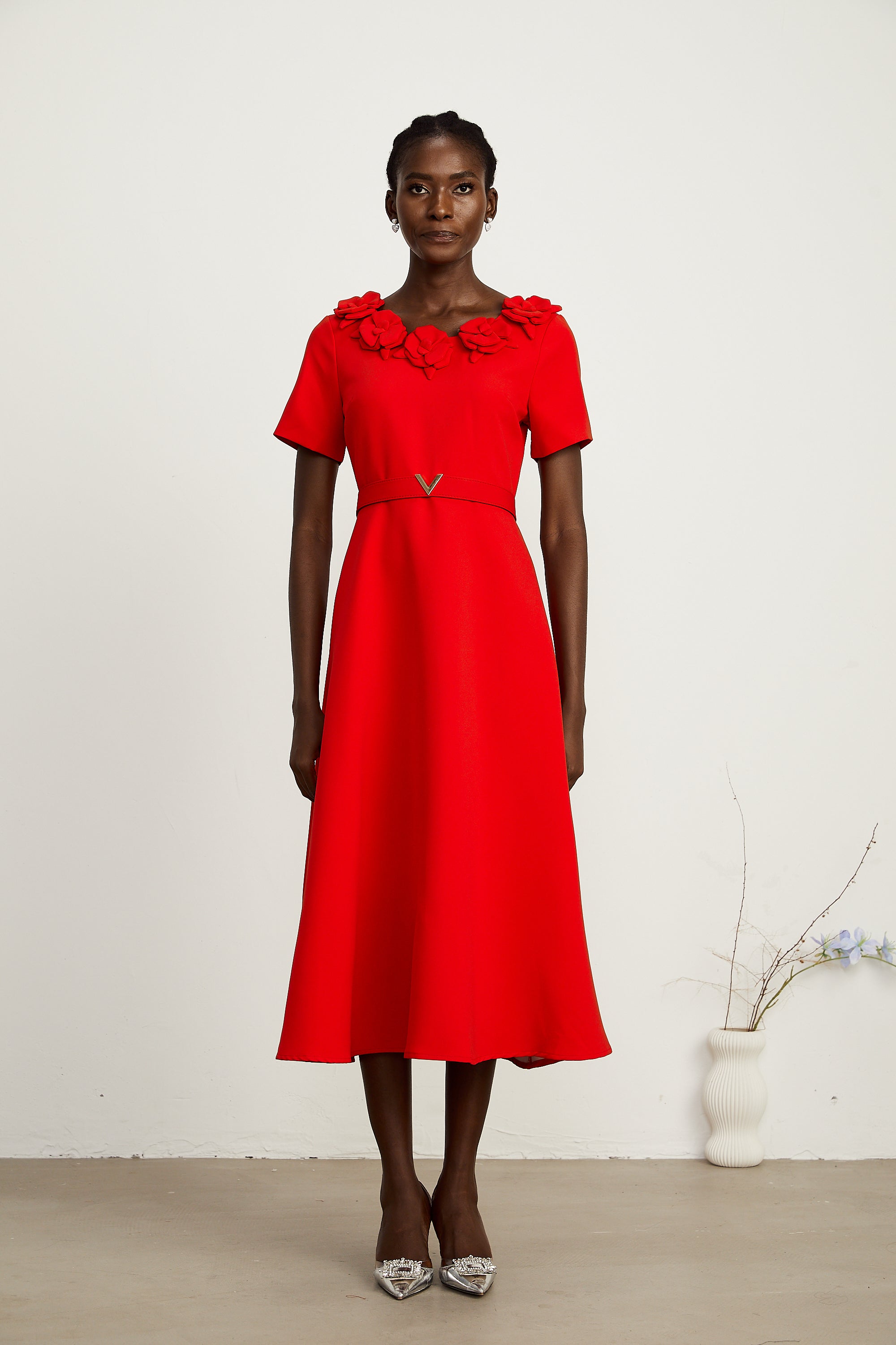 Odette red short-sleeve floral-appliqué midi dress